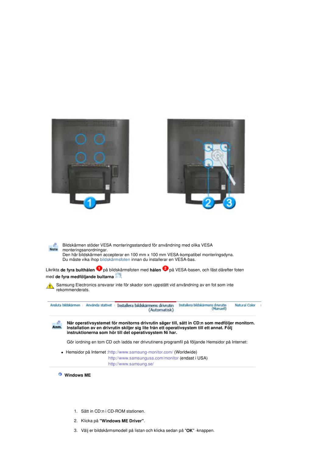 Samsung RT19FSSS/EDC manual Med de fyra medföljande bultarna, Klicka på Windows ME Driver 