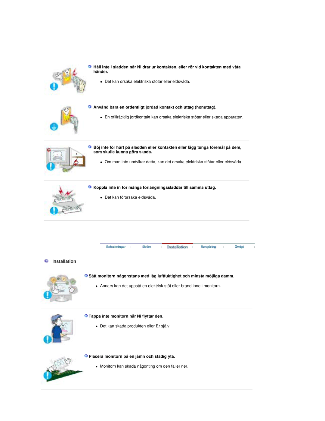 Samsung RT19FSSS/EDC manual Installation, Använd bara en ordentligt jordad kontakt och uttag honuttag 