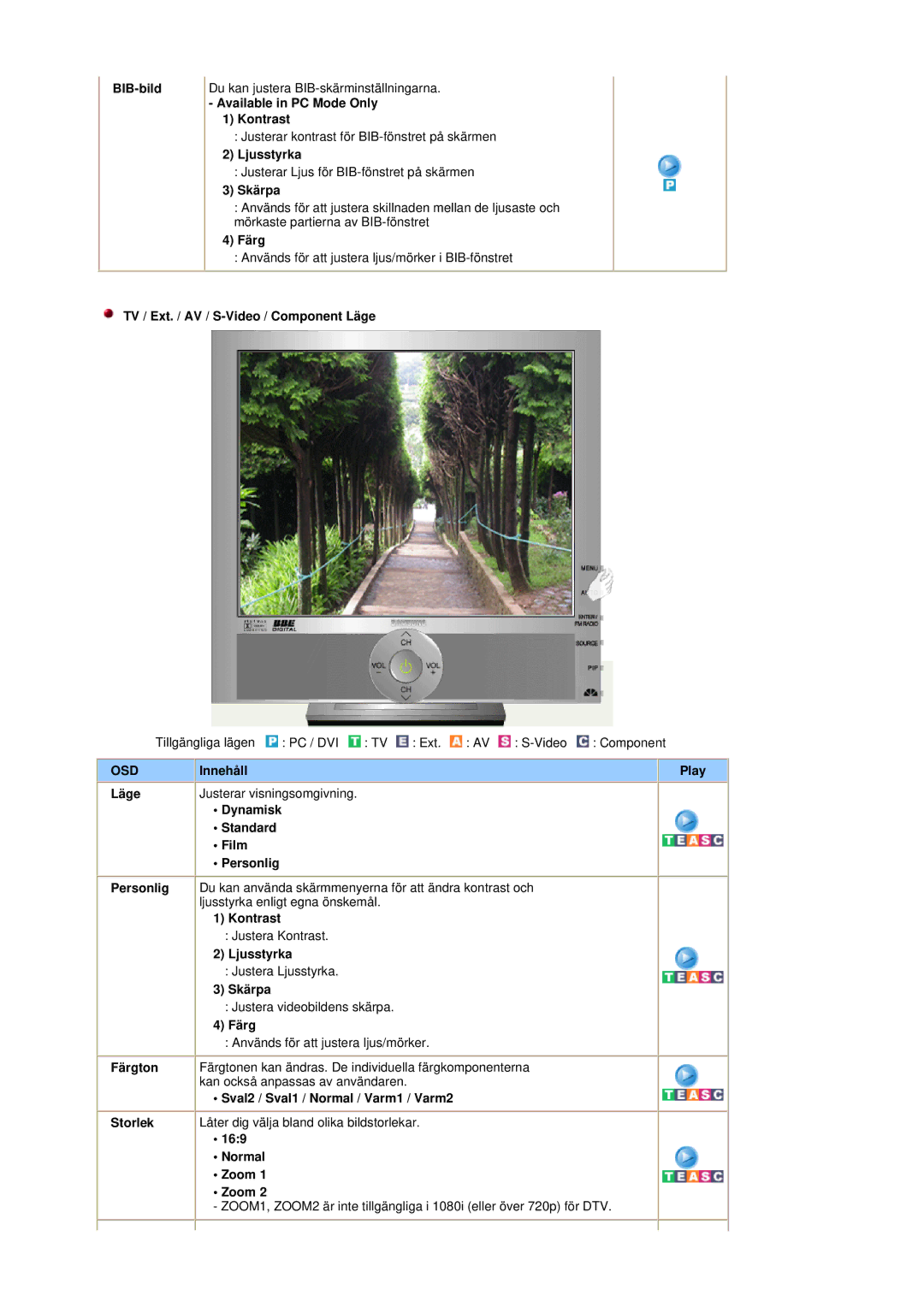 Samsung RT19FSSS/EDC manual BIB-bild, Skärpa, Färg, TV / Ext. / AV / S-Video / Component Läge 