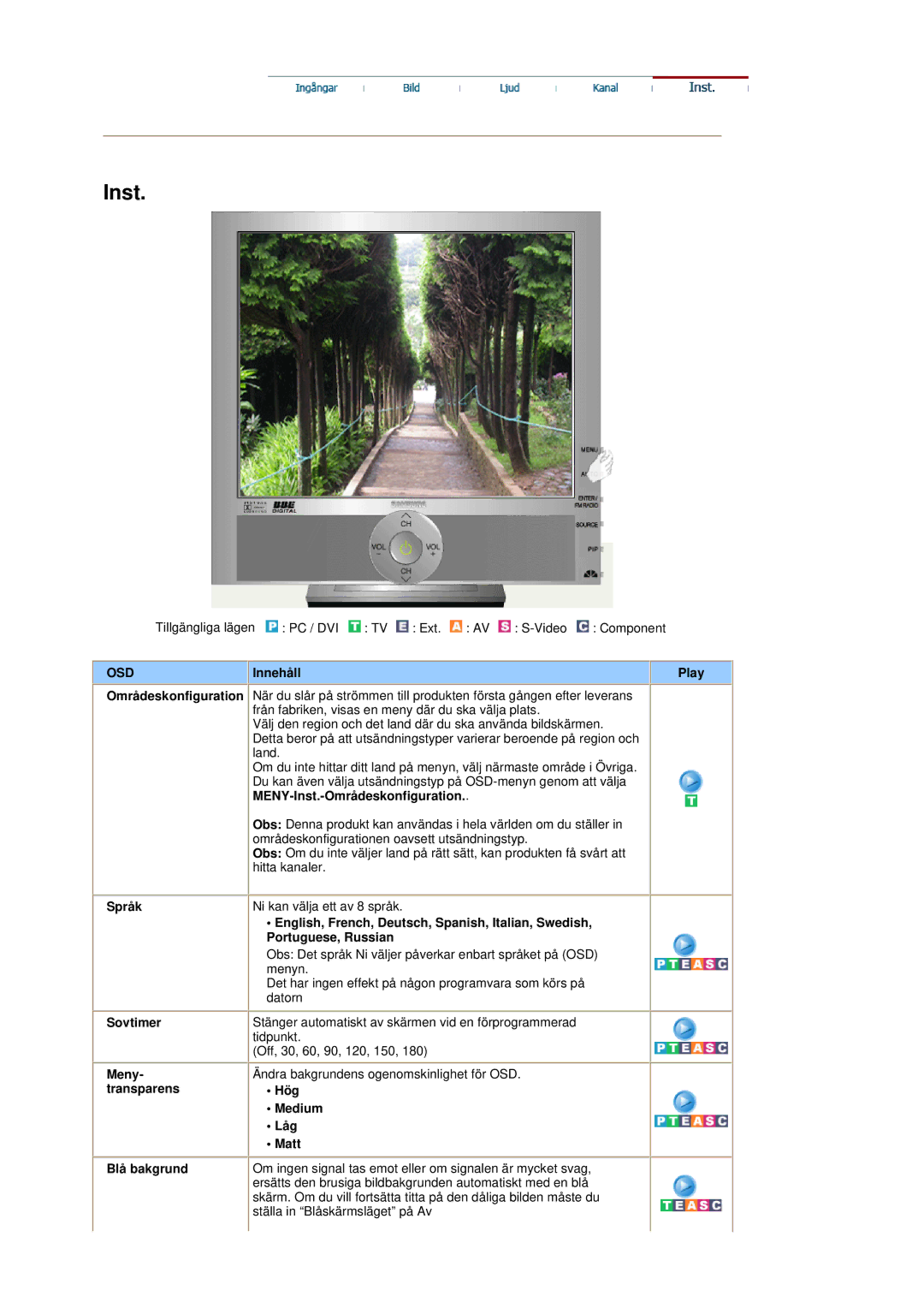 Samsung RT19FSSS/EDC manual Språk, Portuguese, Russian, Sovtimer, Meny, Transparens Hög Medium Låg Matt Blå bakgrund 