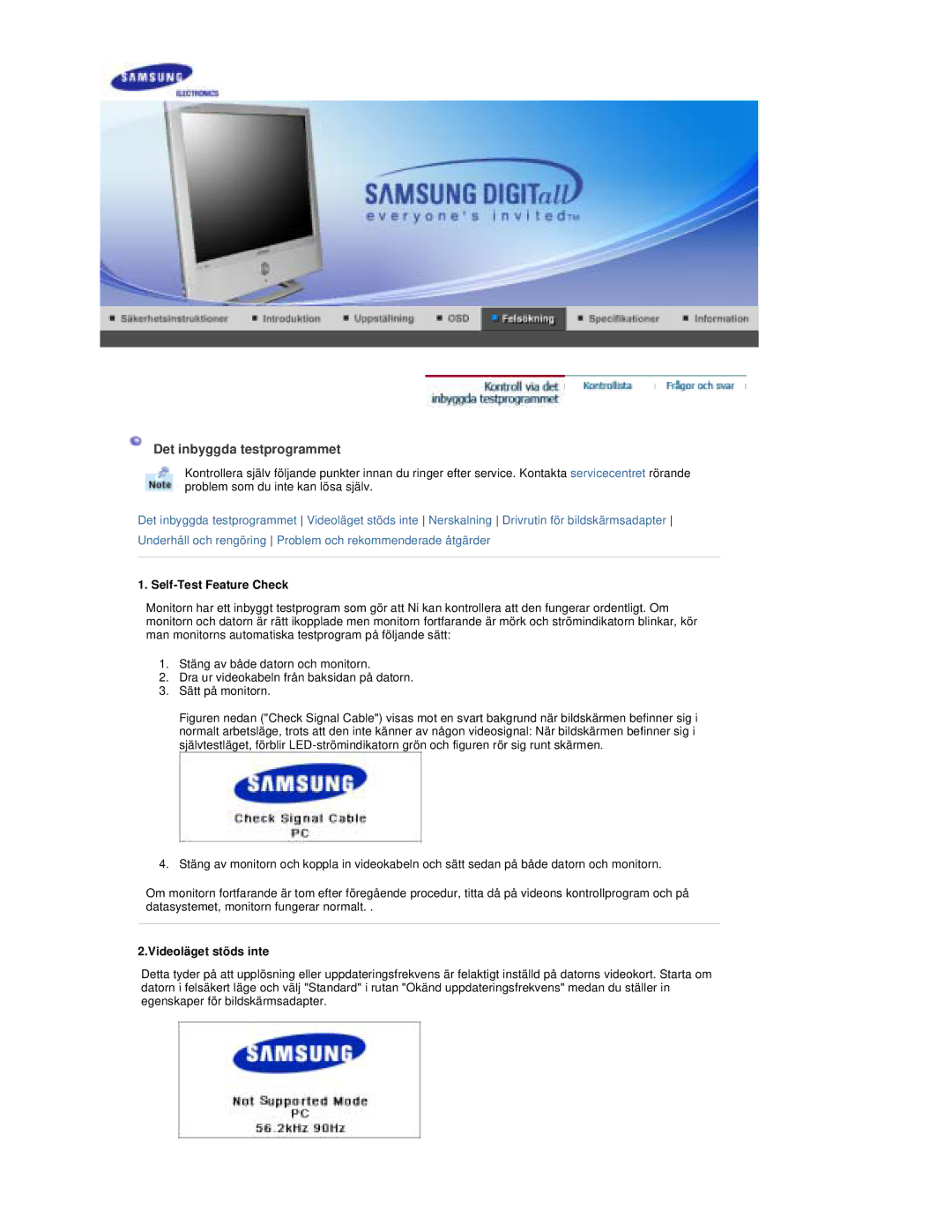 Samsung RT19FSSS/EDC manual Det inbyggda testprogrammet, Self-Test Feature Check, Videoläget stöds inte 