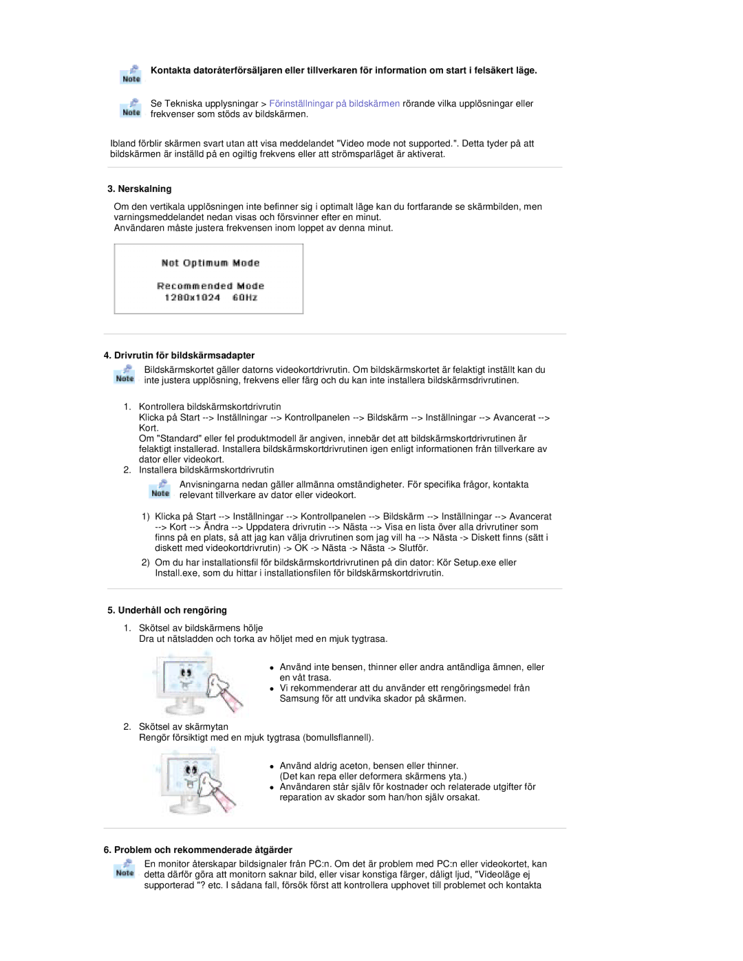 Samsung RT19FSSS/EDC manual Nerskalning, Drivrutin för bildskärmsadapter, Underhåll och rengöring 