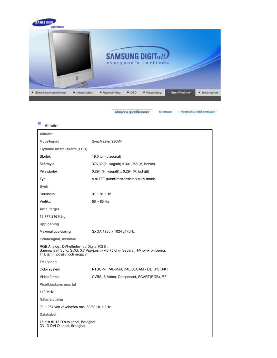 Samsung RT19FSSS/EDC manual Allmänt, Flytande kristallskärm LCD 