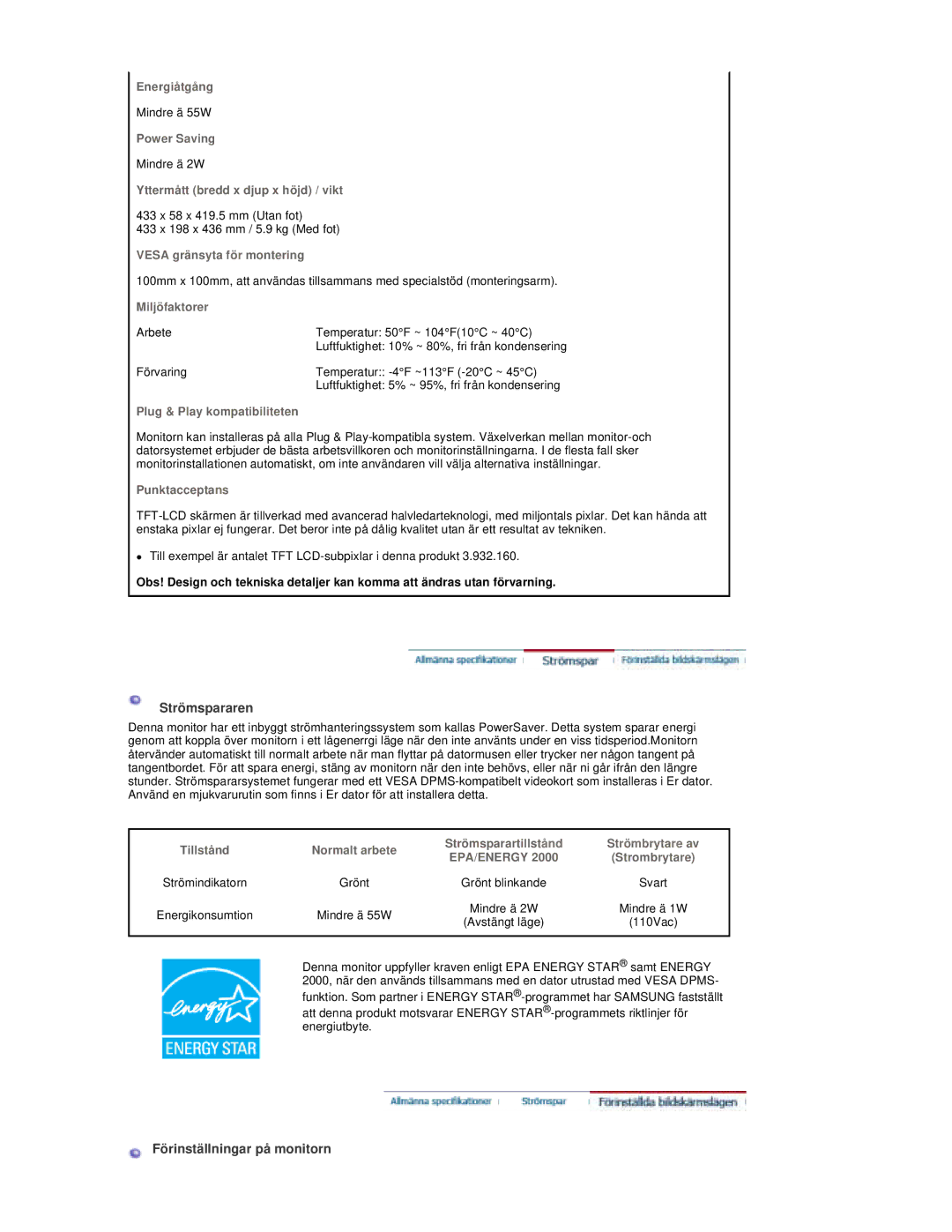 Samsung RT19FSSS/EDC manual Strömspararen, Förinställningar på monitorn 