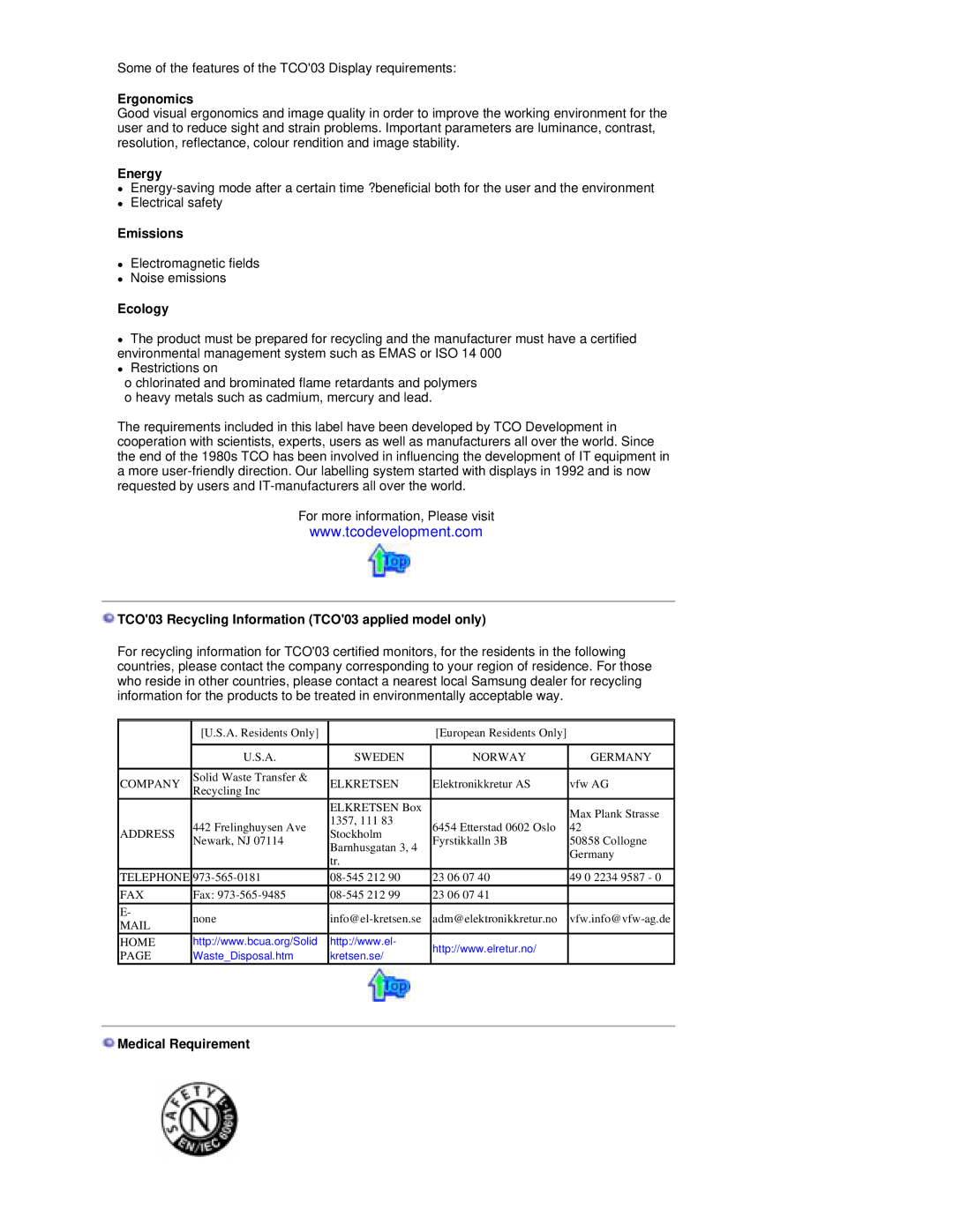 Samsung RT19FSSS/EDC manual Ergonomics, Energy, Emissions, Ecology, TCO03 Recycling Information TCO03 applied model only 