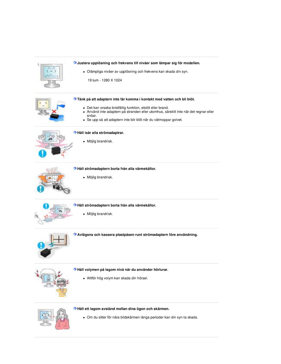 Samsung RT19FSSS/EDC manual Håll isär alla strömadaptrar, Håll strömadaptern borta från alla värmekällor 