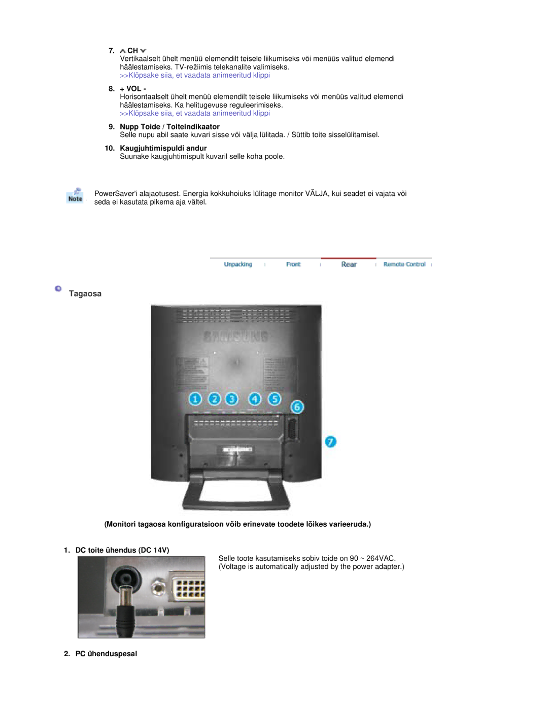 Samsung RT19FSSS/EDC manual Tagaosa, PC ühenduspesal 