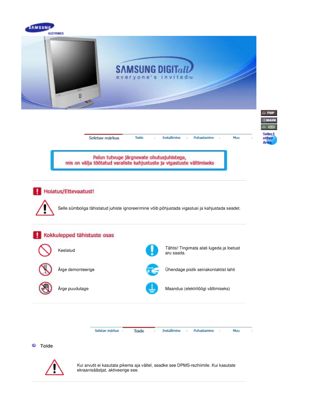 Samsung RT19FSSS/EDC manual Toide 