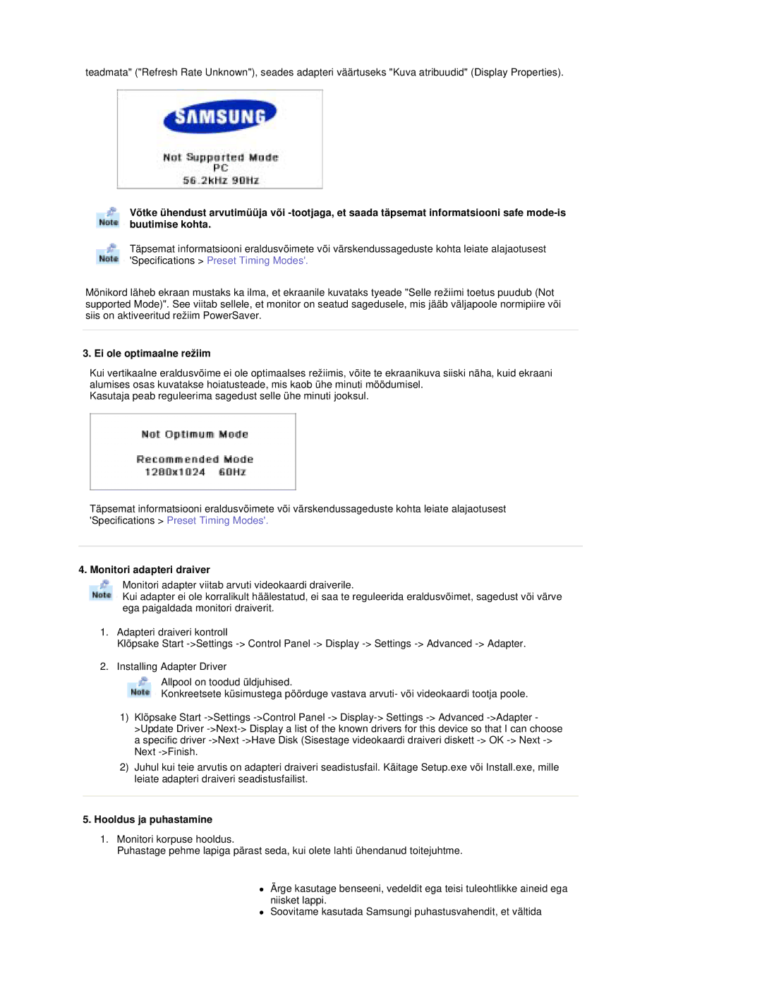 Samsung RT19FSSS/EDC manual Ei ole optimaalne režiim, Monitori adapteri draiver, Hooldus ja puhastamine 