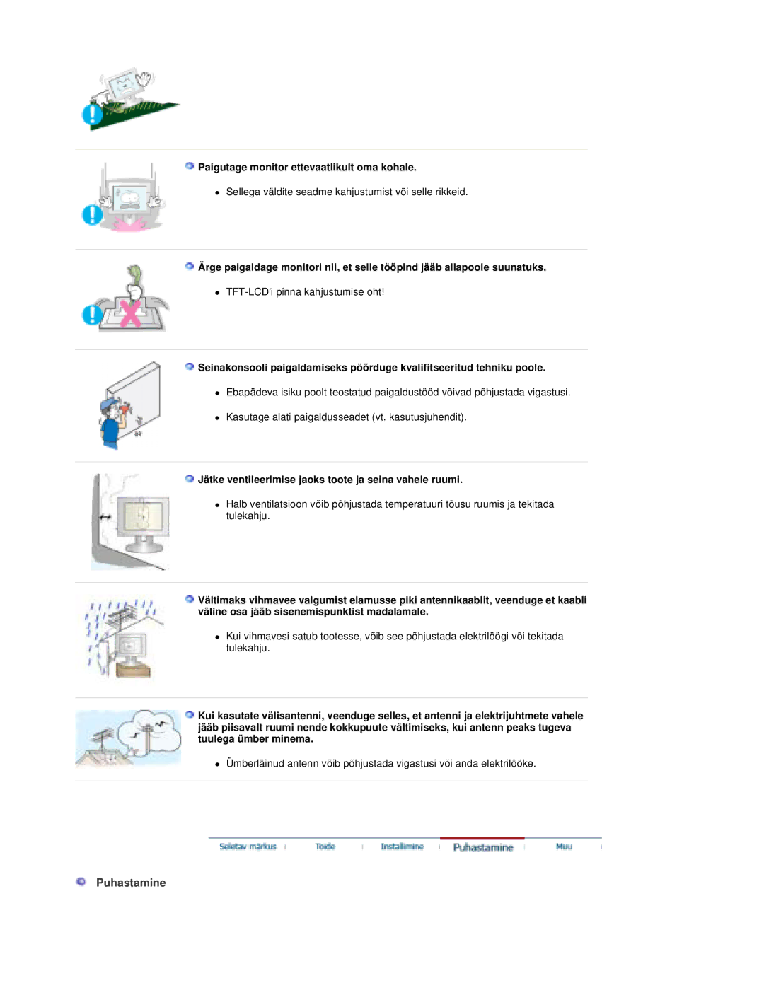 Samsung RT19FSSS/EDC manual Puhastamine, Paigutage monitor ettevaatlikult oma kohale 