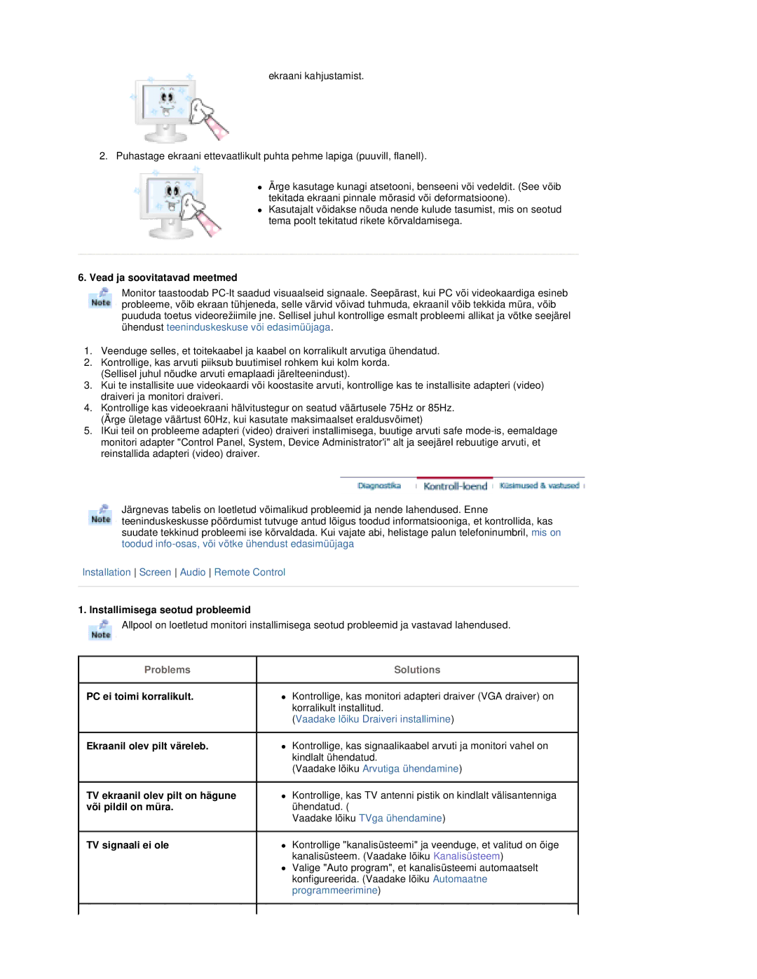 Samsung RT19FSSS/EDC manual Vead ja soovitatavad meetmed, Installimisega seotud probleemid, PC ei toimi korralikult 