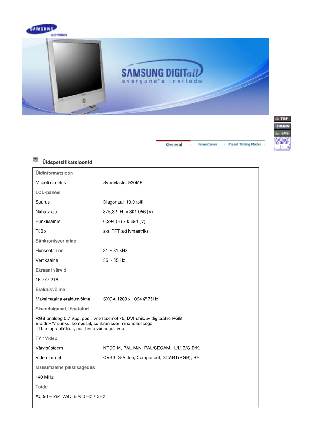 Samsung RT19FSSS/EDC manual Üldspetsifikatsioonid, LCD-paneel 