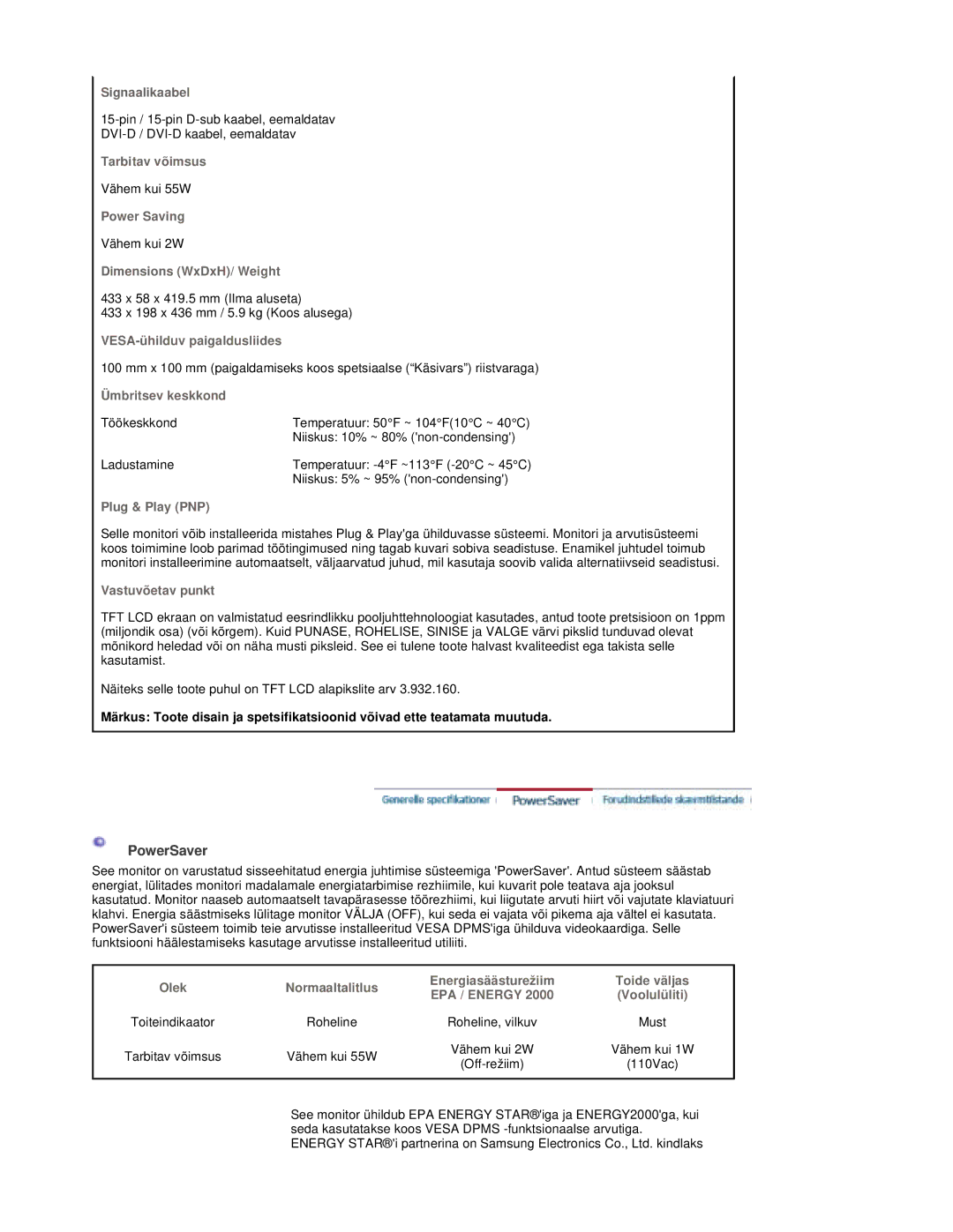 Samsung RT19FSSS/EDC manual PowerSaver, Ümbritsev keskkond 