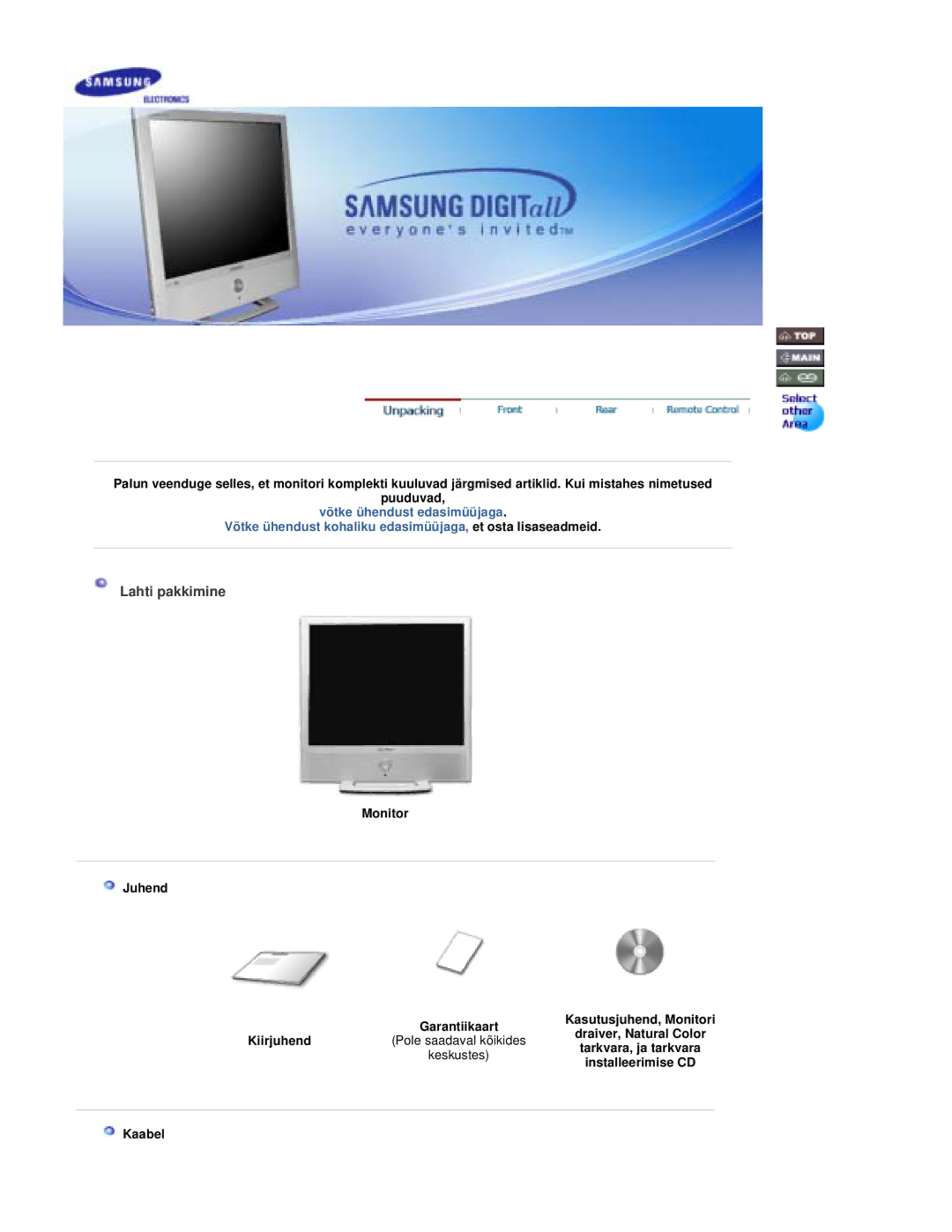 Samsung RT19FSSS/EDC manual Lahti pakkimine, Monitor Juhend, Kiirjuhend Pole saadaval kõikides, Kaabel 