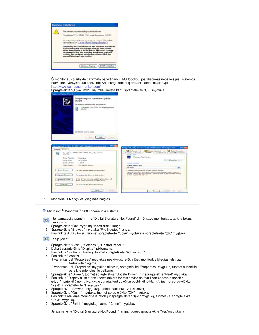 Samsung RT19FSSS/EDC manual Kaip Ƴdiegti Spragtelơkite Start, Settings, Control Panel 