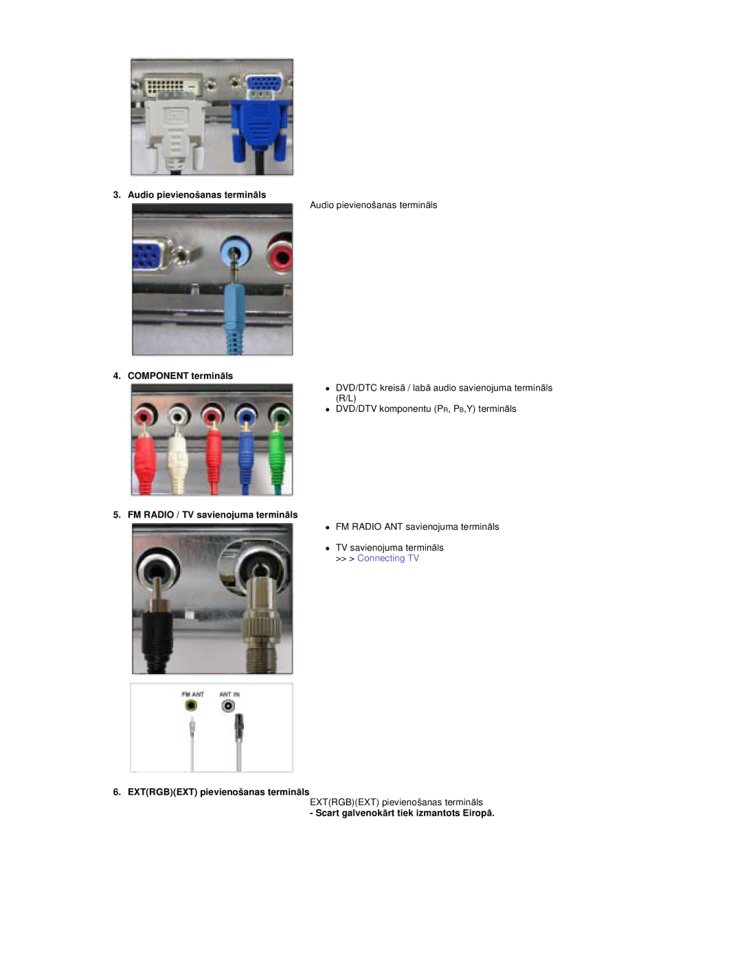 Samsung RT19FSSS/EDC manual Audio pievienošanas terminƗls, Component terminƗls, FM Radio / TV savienojuma terminƗls 