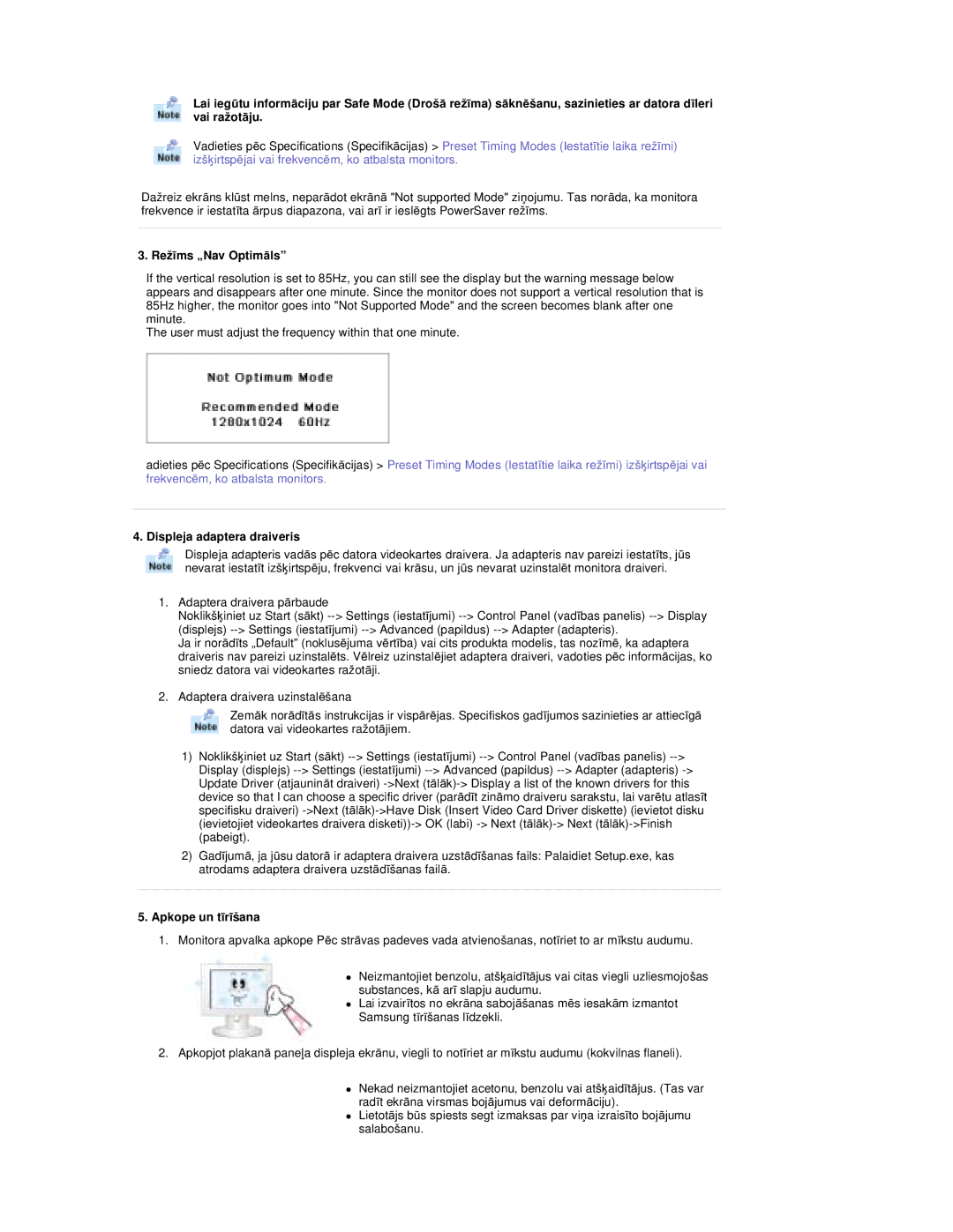 Samsung RT19FSSS/EDC manual RežƯms „Nav OptimƗls, Displeja adaptera draiveris, Apkope un tƯrƯšana 