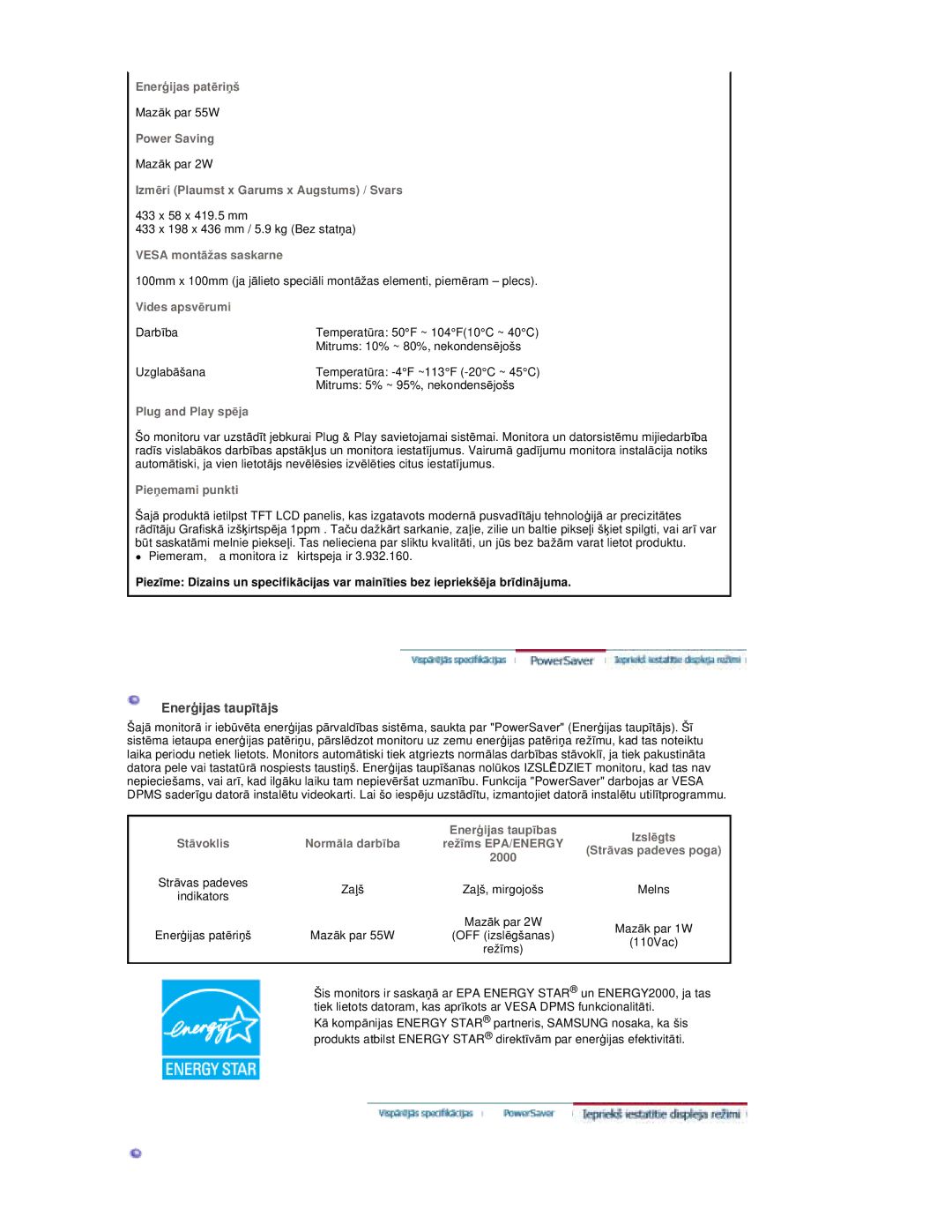 Samsung RT19FSSS/EDC manual EnerƧijas taupƯtƗjs, Vides apsvƝrumi 