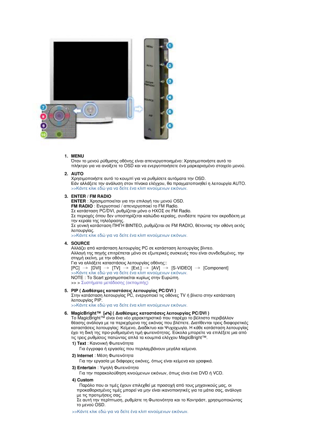 Samsung RT19FSSS/EDC manual Menu, Enter / FM Radio, PIP ǻȚĮșȑıȚµİȢ țĮĲĮıĲȐıİȚȢ ȜİȚĲȠȣȡȖȓĮȢ PC/DVI, Custom 