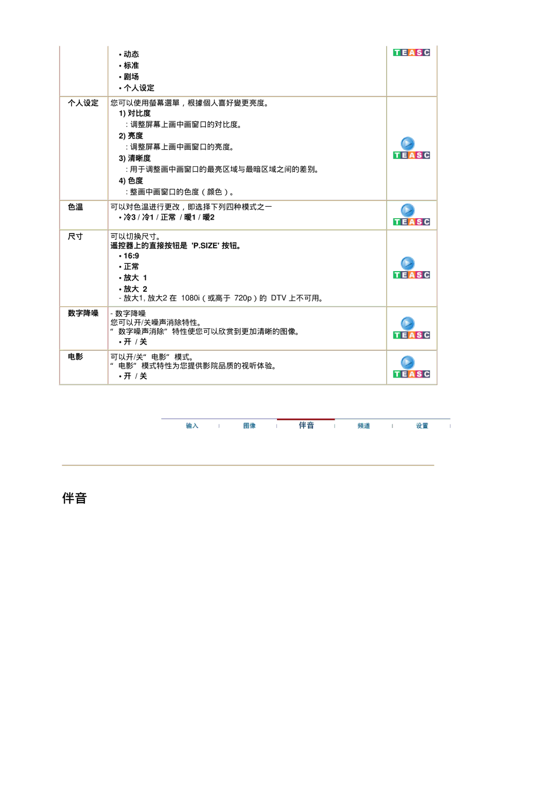 Samsung RT19FSSS/EDC manual 冷3 / 冷1 / 正常 / 暧1 / 暧2, 可以切换尺寸。, 遥控器上的直接按钮是 P.Size 按钮。, 169, 数字降噪 数字降噪 