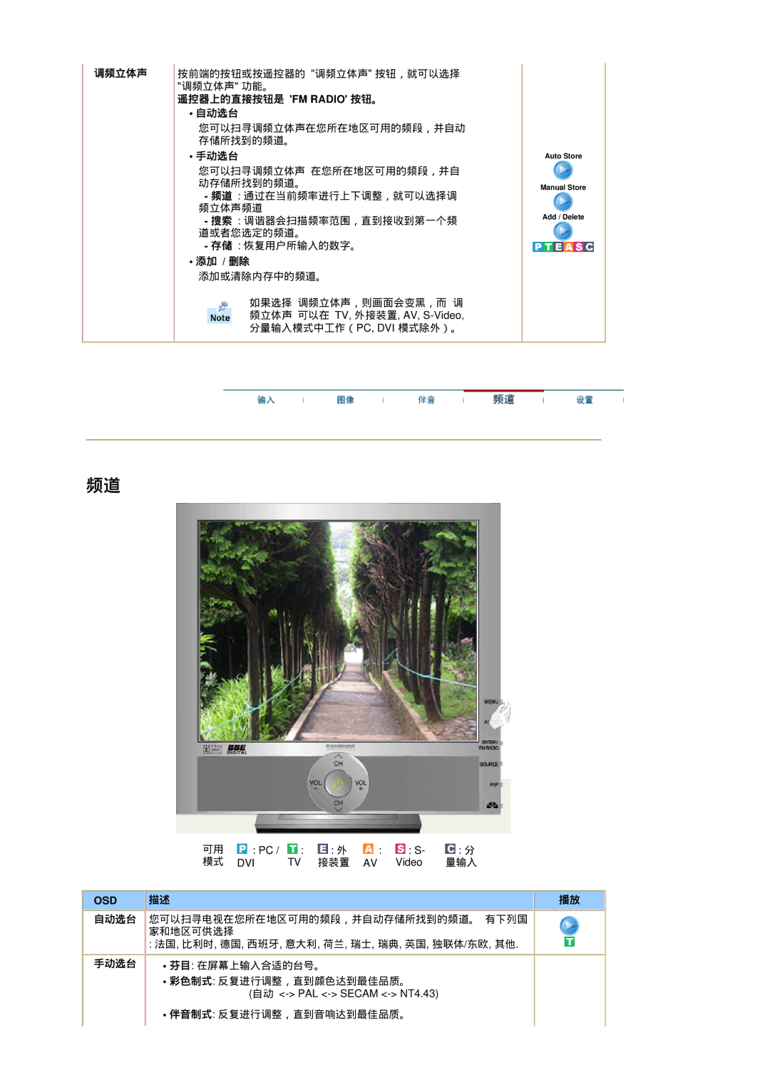 Samsung RT19FSSS/EDC manual 遥控器上的直接按钮是 FM Radio 按钮。 自动选台, 添加 / 删除, 自动选台 手动选台 