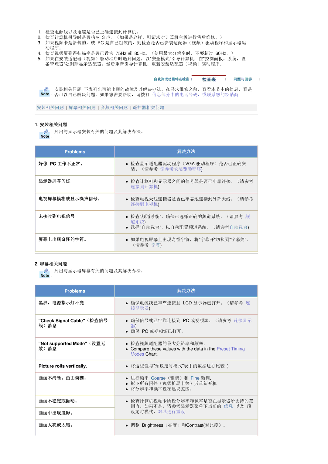 Samsung RT19FSSS/EDC manual 安装相关问题, 好像 Pc 工作不正常。 显示器屏幕闪烁 电视屏幕模糊或显示噪声信号。 未接收到电视信号, 屏幕上出现奇怪的字符。, 屏幕相关问题, ）消息, 画面不清晰。画面模糊。 