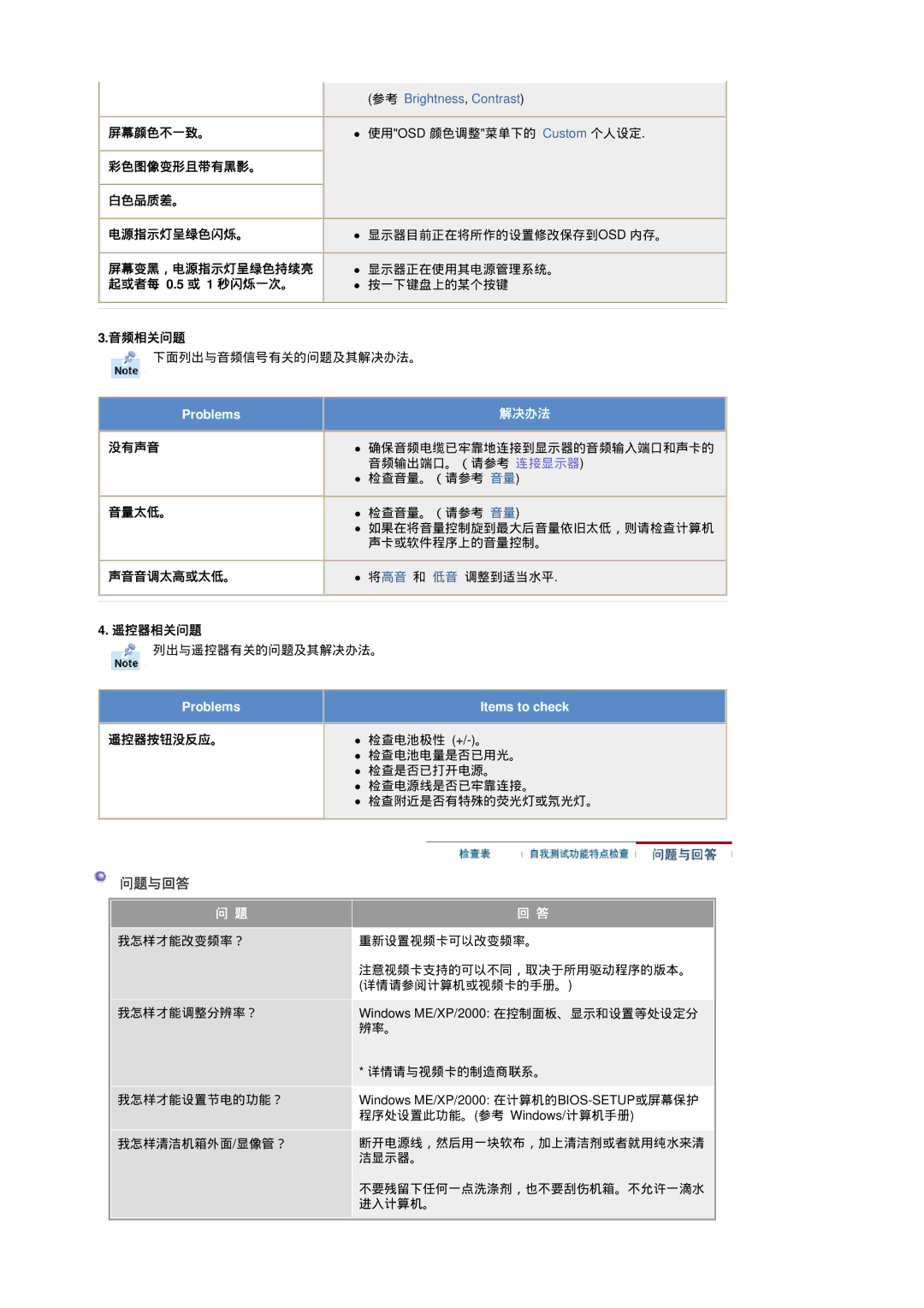 Samsung RT19FSSS/EDC manual 屏幕颜色不一致。 彩色图像变形且带有黑影。 白色品质差。 电源指示灯呈绿色闪烁。, 音频相关问题, 没有声音, 音量太低。, 声音音调太高或太低。, 遥控器相关问题, 遥控器按钮没反应。 