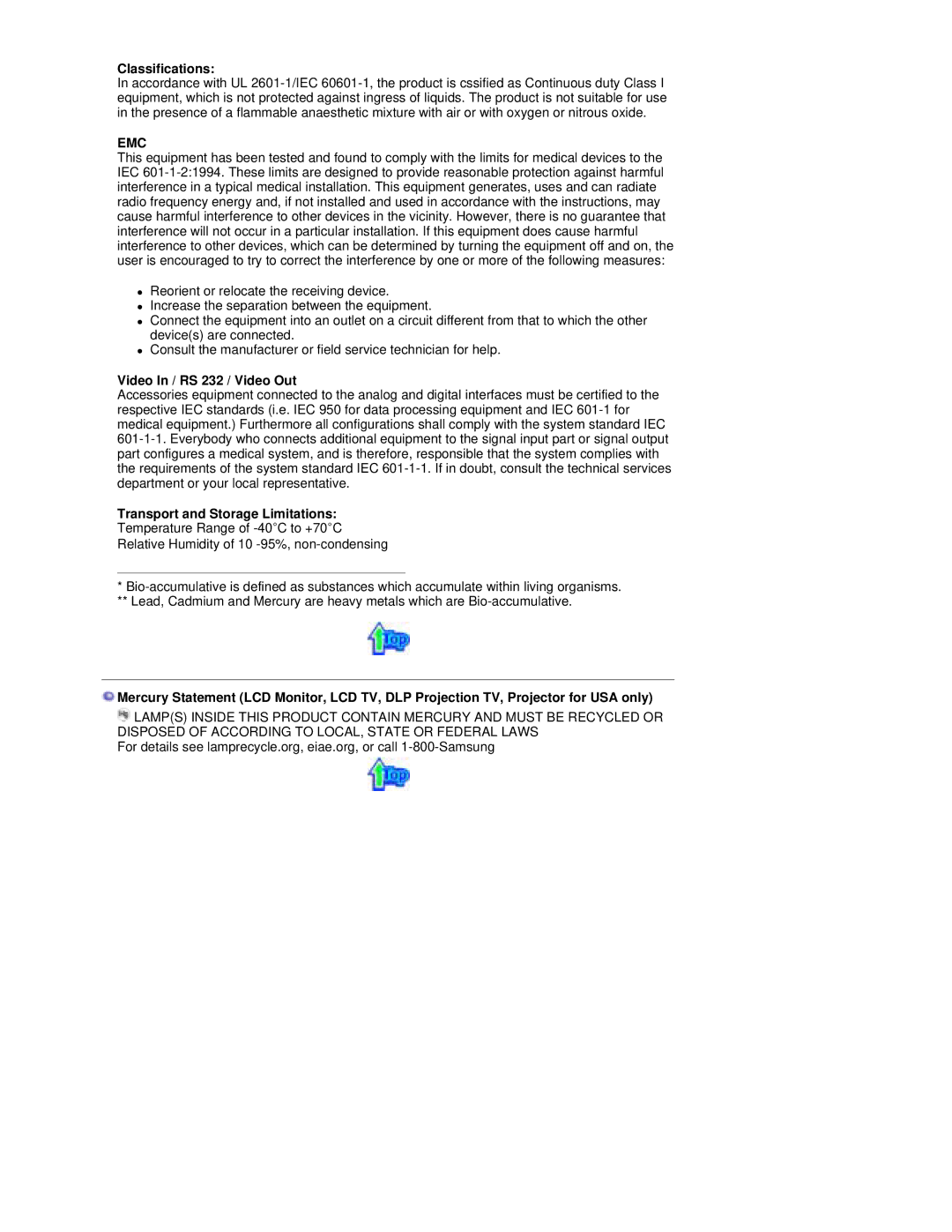 Samsung RT19FSSS/EDC manual Classifications, Video In / RS 232 / Video Out, Transport and Storage Limitations 