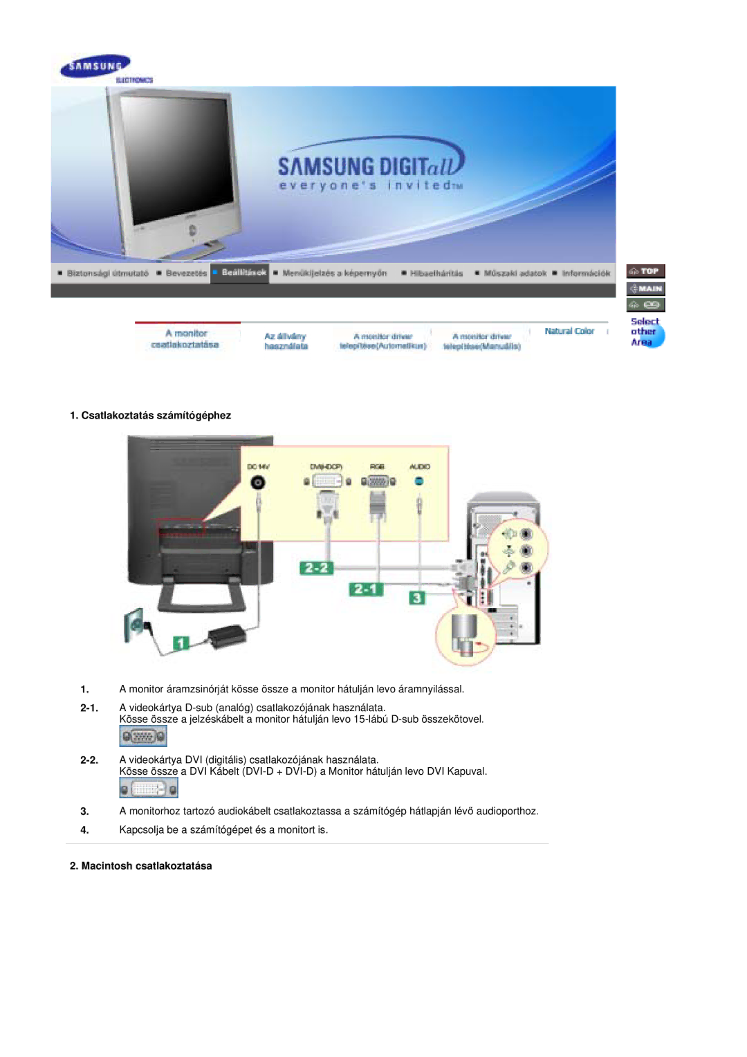 Samsung RT19FSSS/EDC manual Csatlakoztatás számítógéphez, Macintosh csatlakoztatása 