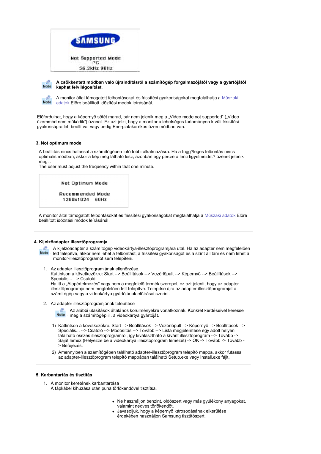 Samsung RT19FSSS/EDC manual Not optimum mode, Kijelzõadapter illesztõprogramja, Karbantartás és tisztítás 