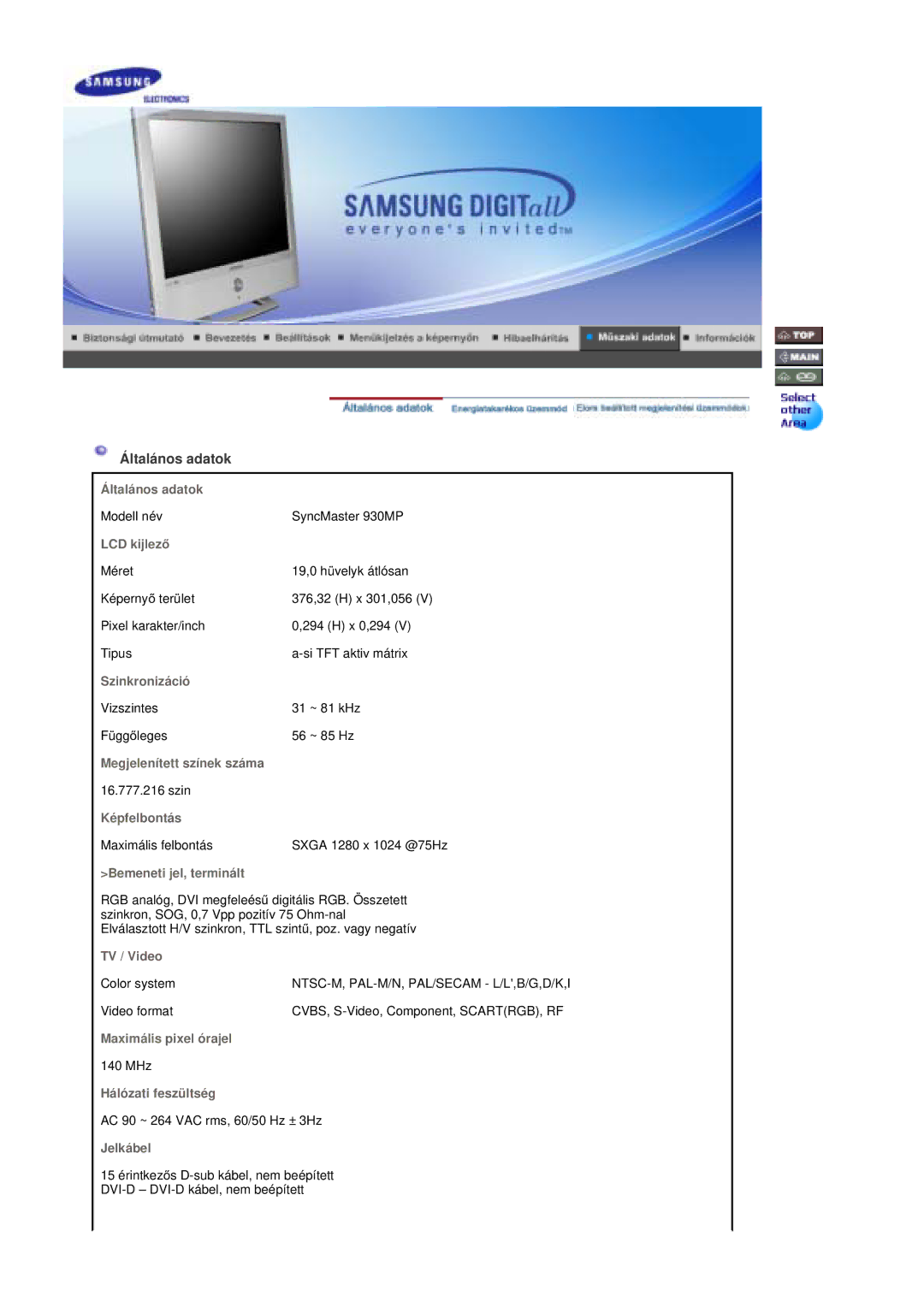 Samsung RT19FSSS/EDC manual Általános adatok, LCD kijlezĘ 