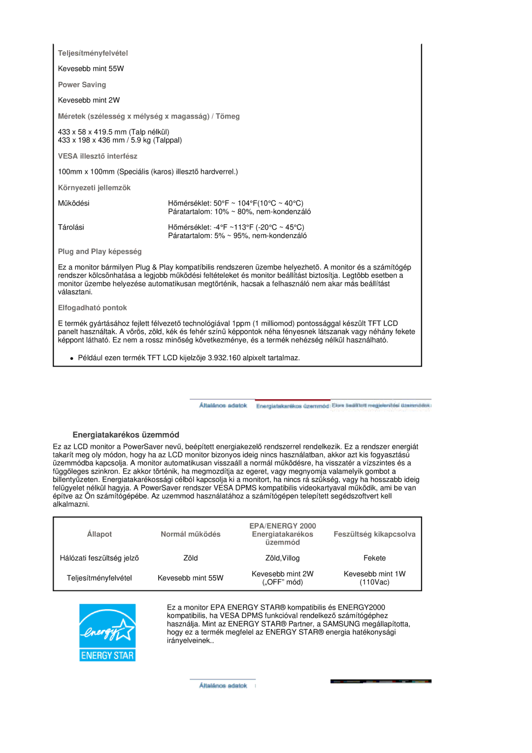 Samsung RT19FSSS/EDC manual Energiatakarékos üzemmód, Környezeti jellemzök 