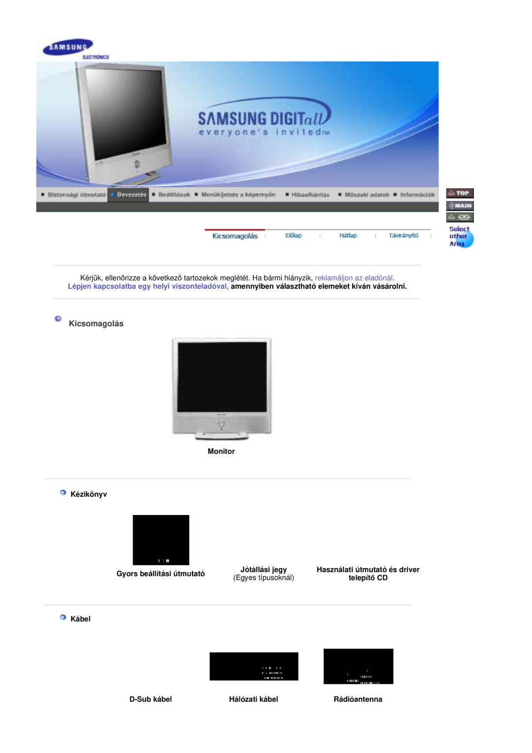 Samsung RT19FSSS/EDC manual Kicsomagolás, Monitor Kézikönyv Gyors beállítási útmutató, Egyes típusoknál 