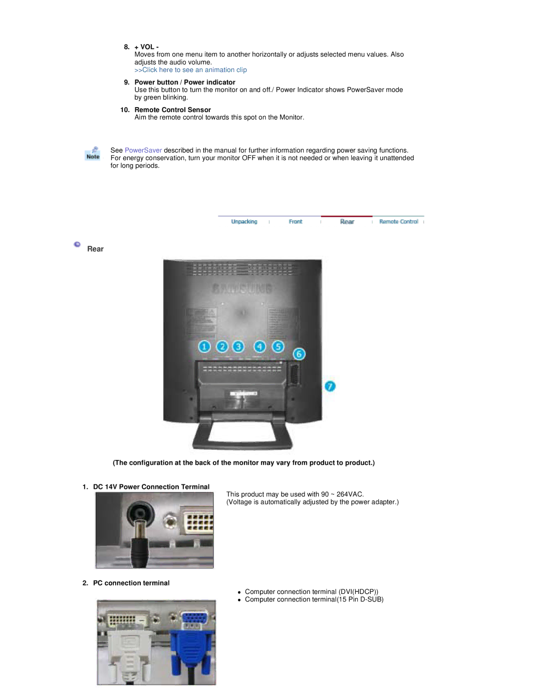 Samsung RT19FSSS/EDC, RT19FSSS/XSJ, RT19FSSSV/XSJ, RT19FSSS/XSG, RT19FSSS/MYA manual Rear, PC connection terminal 