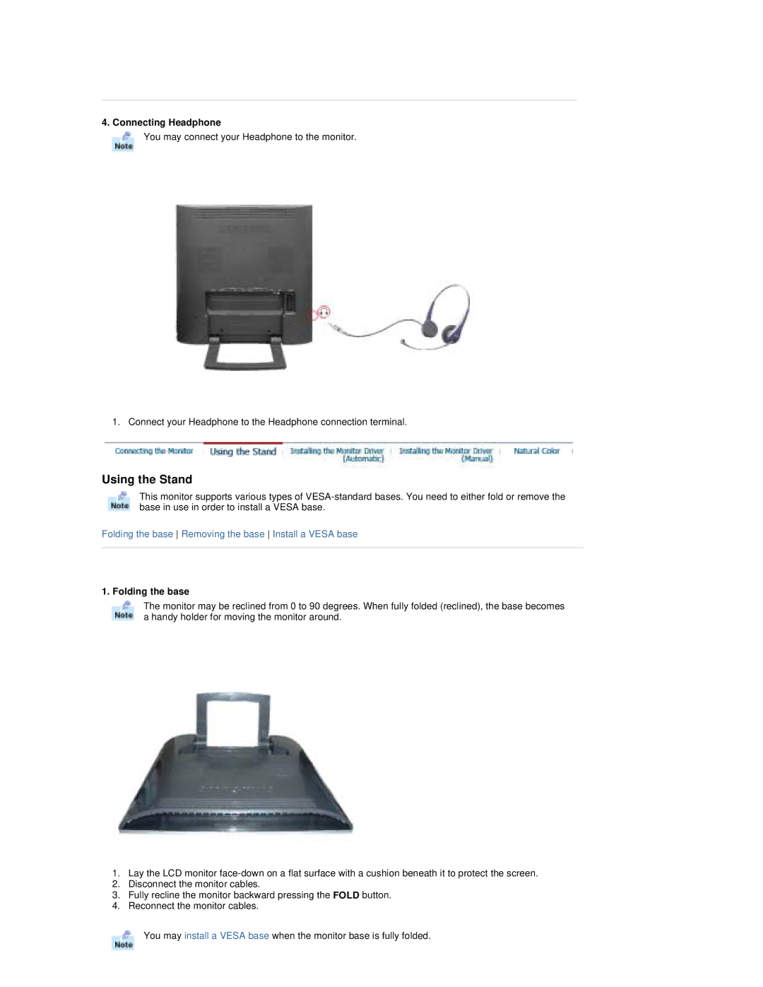 Samsung RT19FSSSV/XSJ, RT19FSSS/XSJ, RT19FSSS/EDC, RT19FSSS/XSG, RT19FSSS/MYA manual Connecting Headphone, Folding the base 