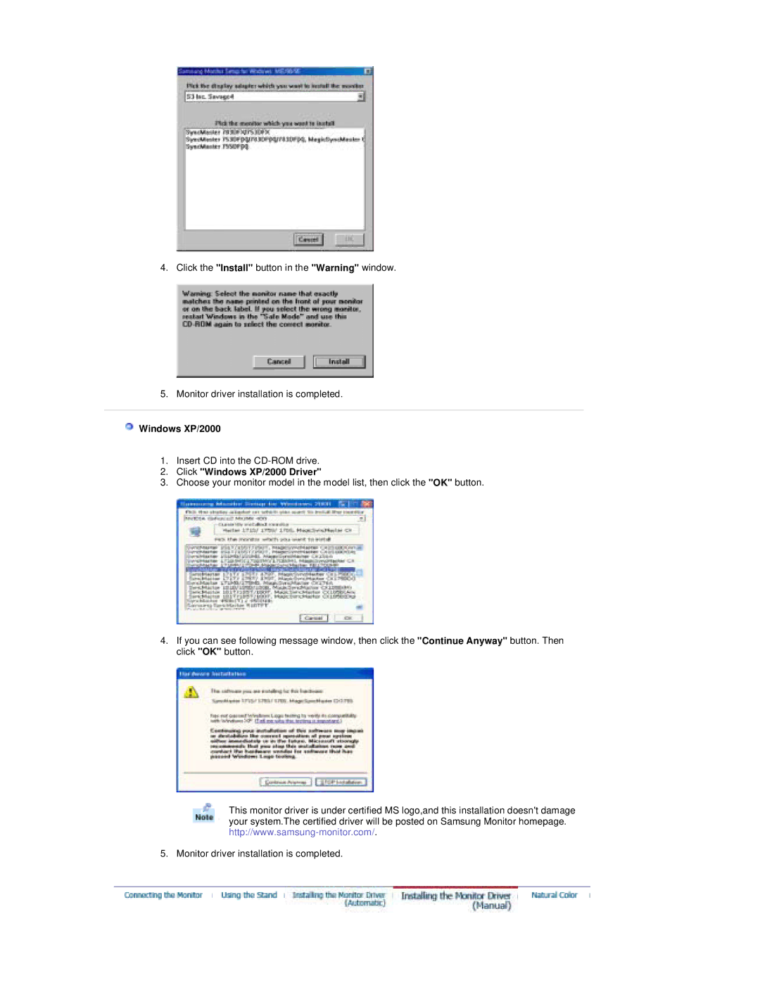 Samsung RT19FSSS/MYA, RT19FSSS/XSJ, RT19FSSSV/XSJ, RT19FSSS/EDC, RT19FSSS/XSG manual Click Windows XP/2000 Driver 