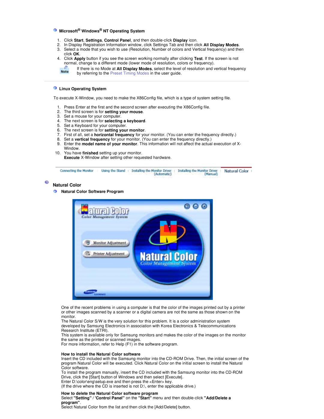 Samsung RT19FSSS/XSG, RT19FSSS/XSJ manual Natural Color, Microsoft Windows NT Operating System, Linux Operating System 