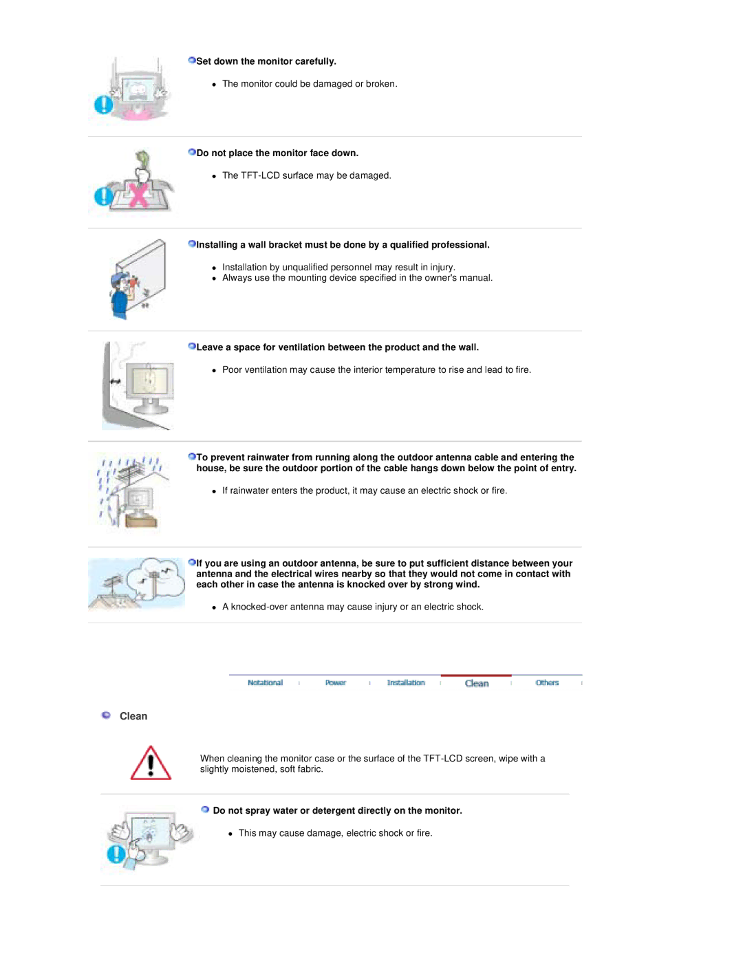 Samsung RT19FSSS/MYA, RT19FSSS/XSJ, RT19FSSSV/XSJ Clean, Set down the monitor carefully, Do not place the monitor face down 