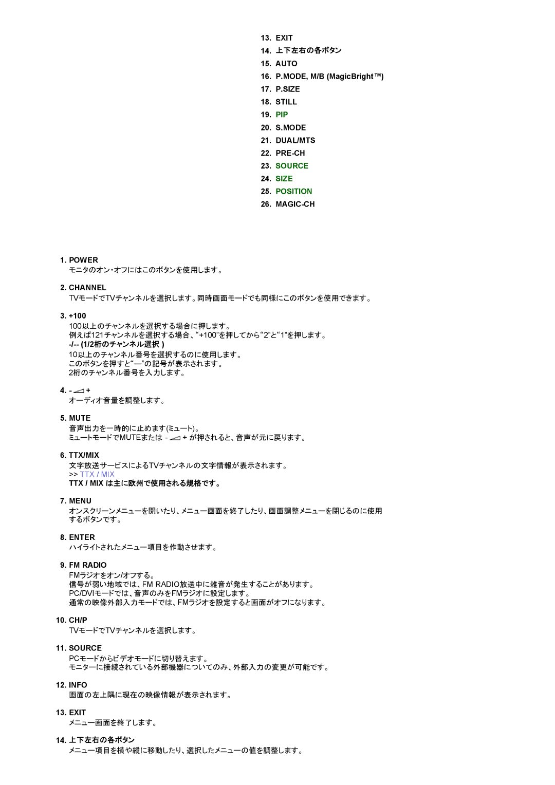 Samsung RT19FSSSV/XSJ, RT19FSSS/XSJ manual 14. 上下左右の各ボタン, Ttx / Mix は主に欧州で使用される規格です。 