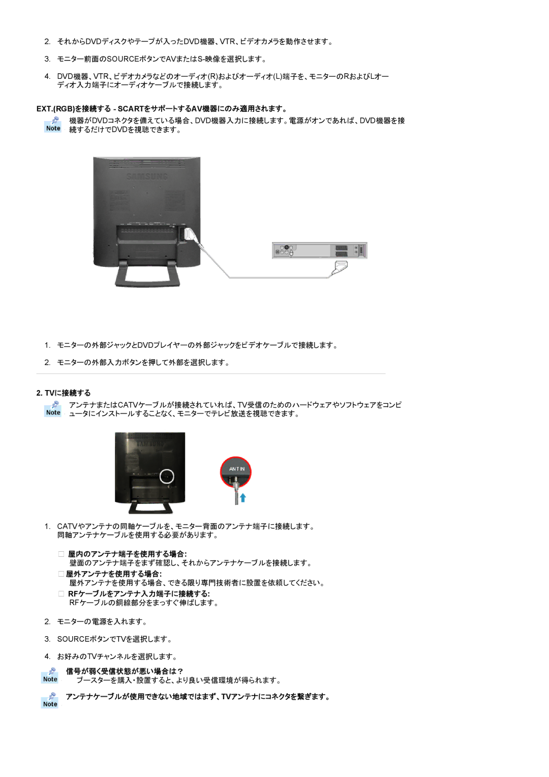 Samsung RT19FSSSV/XSJ Ext.Rgbを接続する Scartをサポートするav機器にのみ適用されます。, Tvに接続する, 屋内のアンテナ端子を使用する場合, 屋外アンテナを使用する場合, 信号が弱く受信状態が悪い場合は？ 