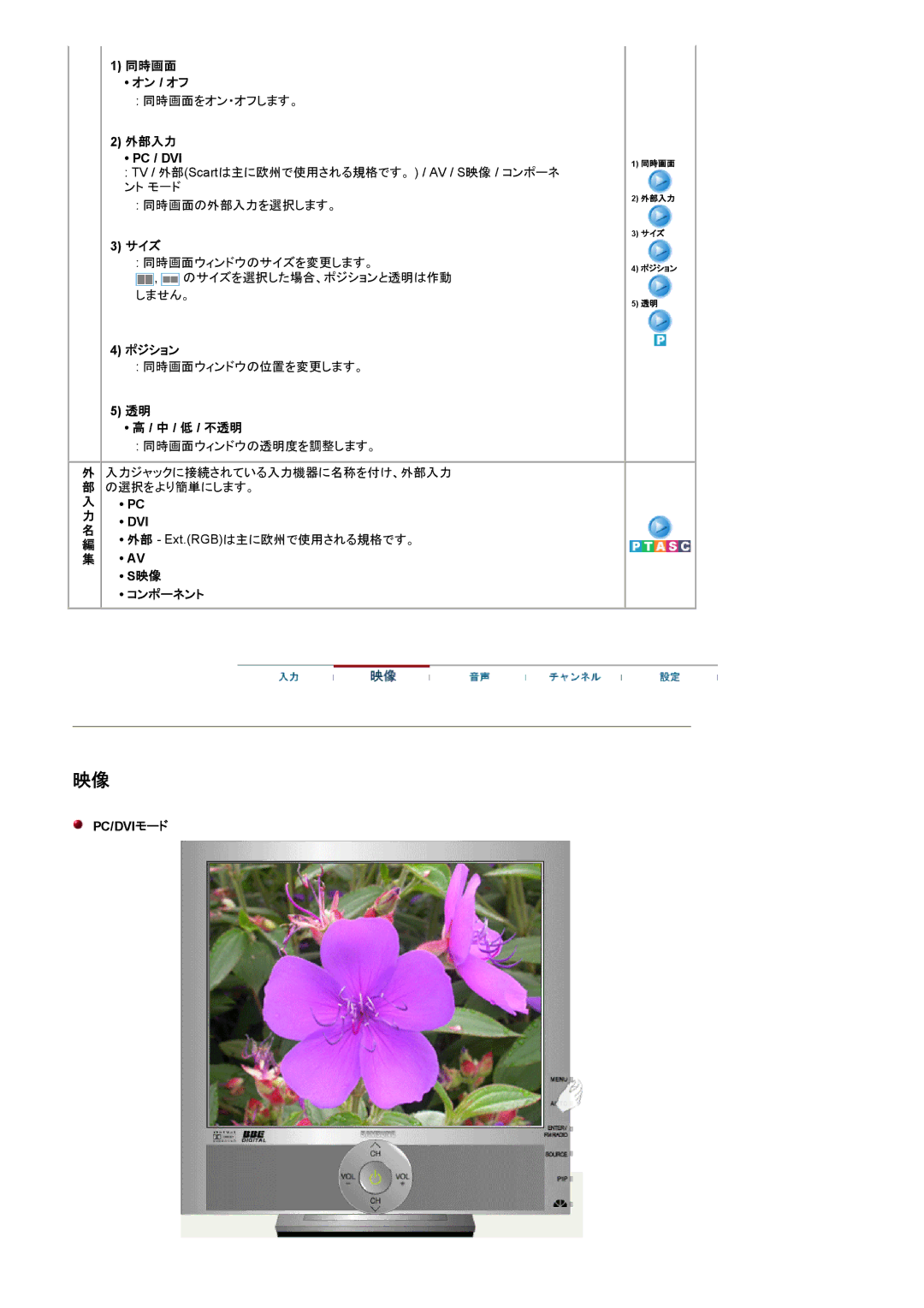 Samsung RT19FSSS/XSJ, RT19FSSSV/XSJ manual 同時画面 オン / オフ, 外部入力, サイズ, ポジション, 低 / 不透明 