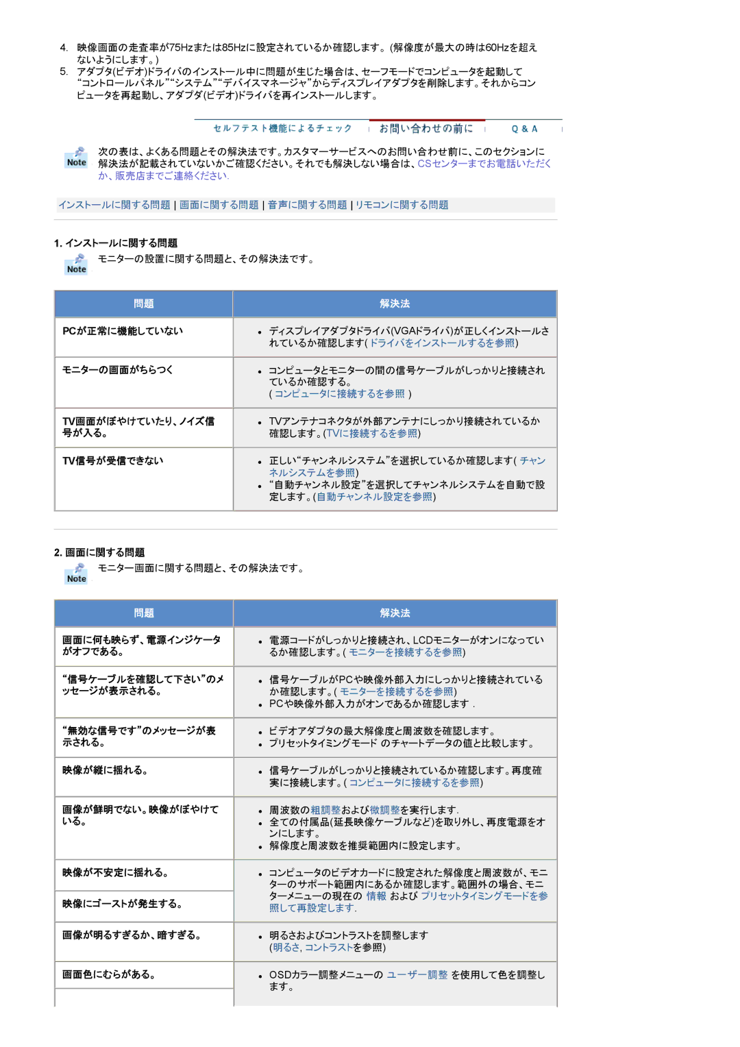 Samsung RT19FSSSV/XSJ manual インストールに関する問題, Pcが正常に機能していない, モニターの画面がちらつく, Tv画面がぼやけていたり、ノイズ信, 号が入る。, Tv信号が受信できない, 画面に関する問題 