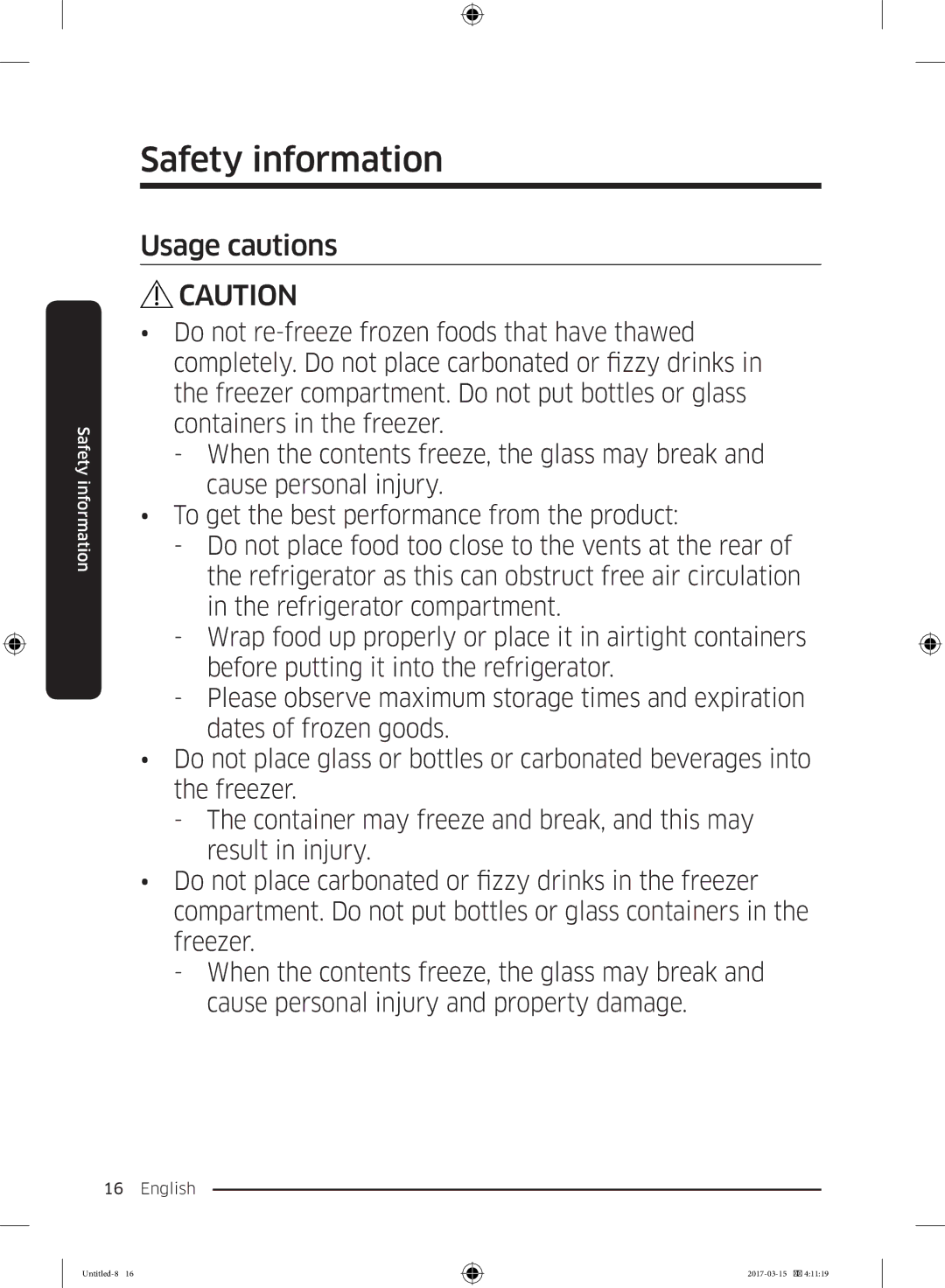 Samsung RT21M6211SG/ME manual Usage cautions 