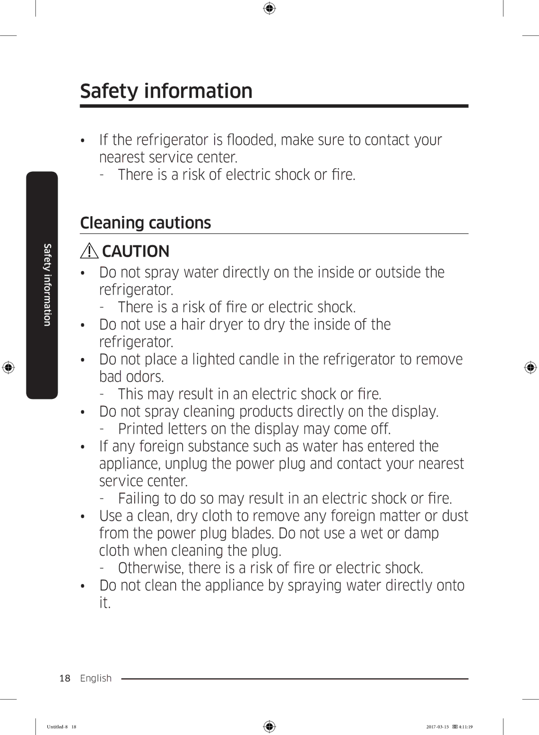 Samsung RT21M6211SG/ME manual Cleaning cautions 