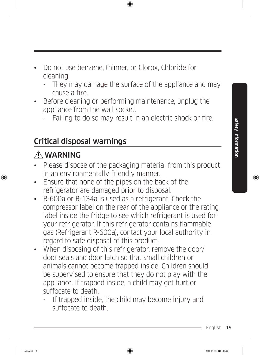 Samsung RT21M6211SG/ME manual Critical disposal warnings 