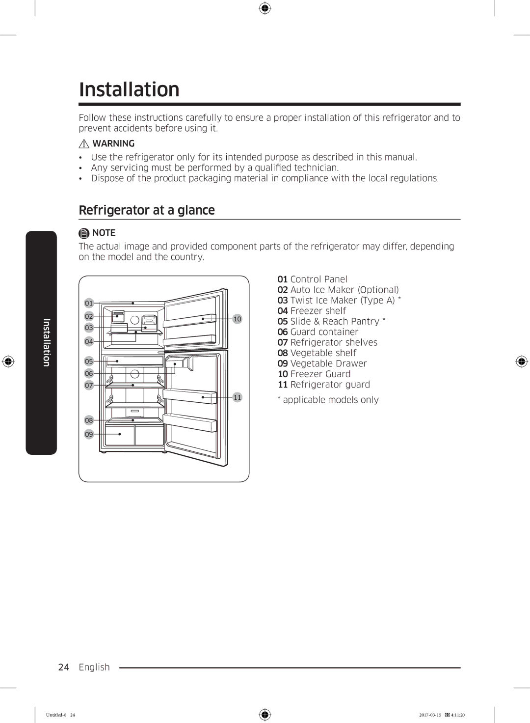 Samsung RT21M6211SG/ME manual Installation, Refrigerator at a glance 