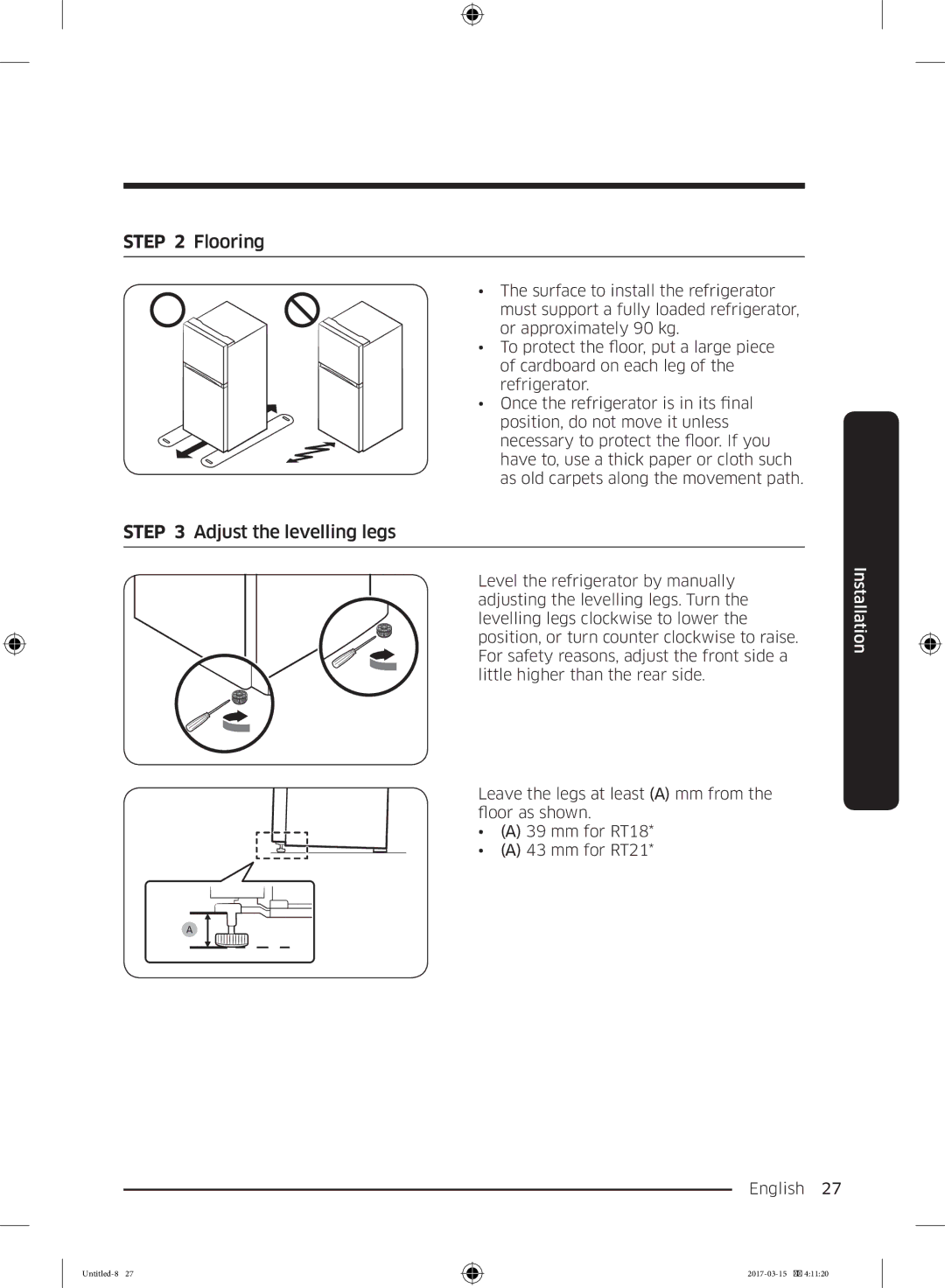 Samsung RT21M6211SG/ME manual Flooring, Adjust the levelling legs 