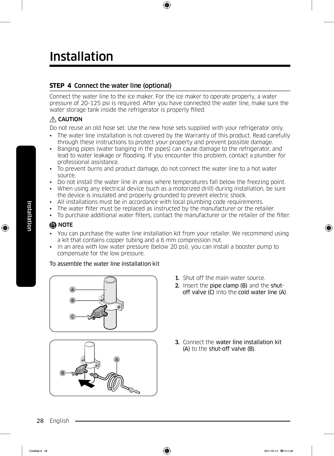 Samsung RT21M6211SG/ME manual Connect the water line optional 