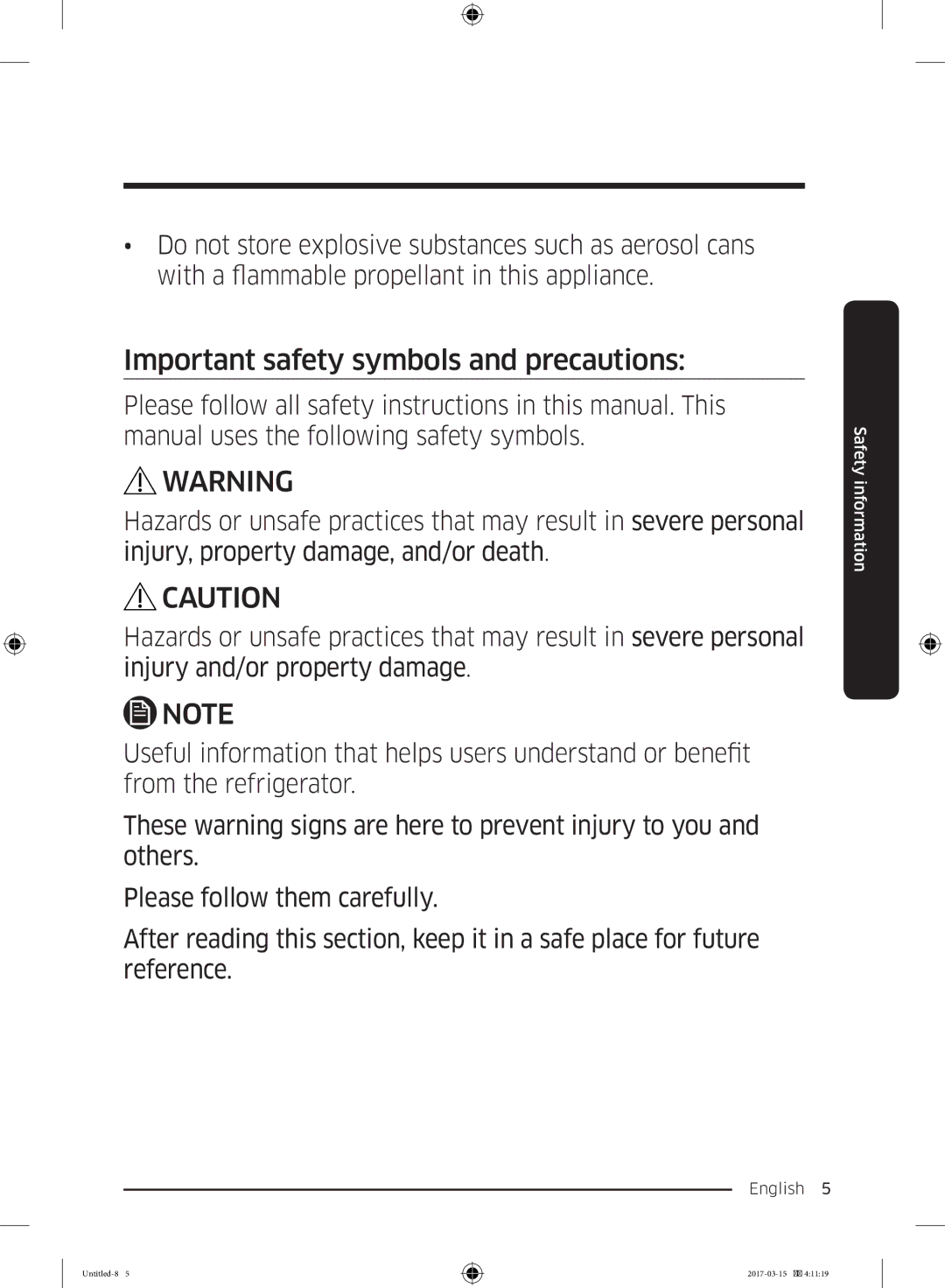 Samsung RT21M6211SG/ME manual Important safety symbols and precautions 