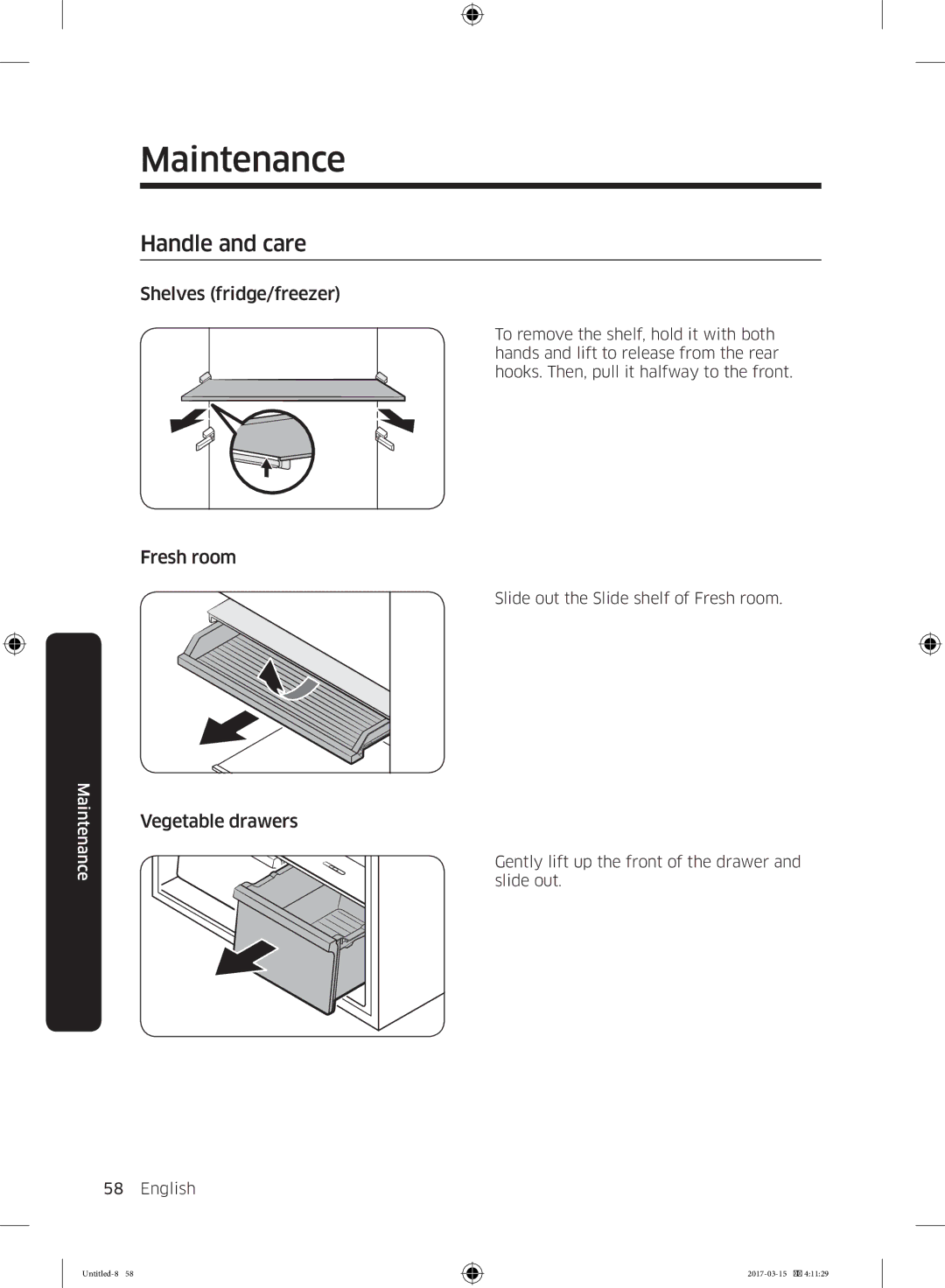 Samsung RT21M6211SG/ME manual Handle and care, Shelves fridge/freezer Fresh room 